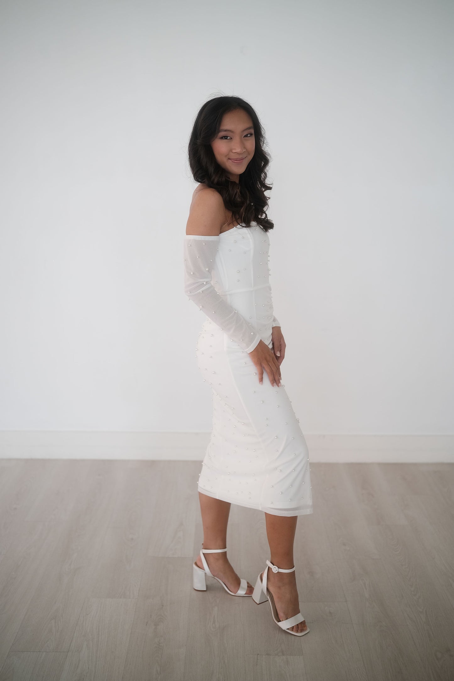White Mesh Pearl Off-The-Shoulder Midi Dress