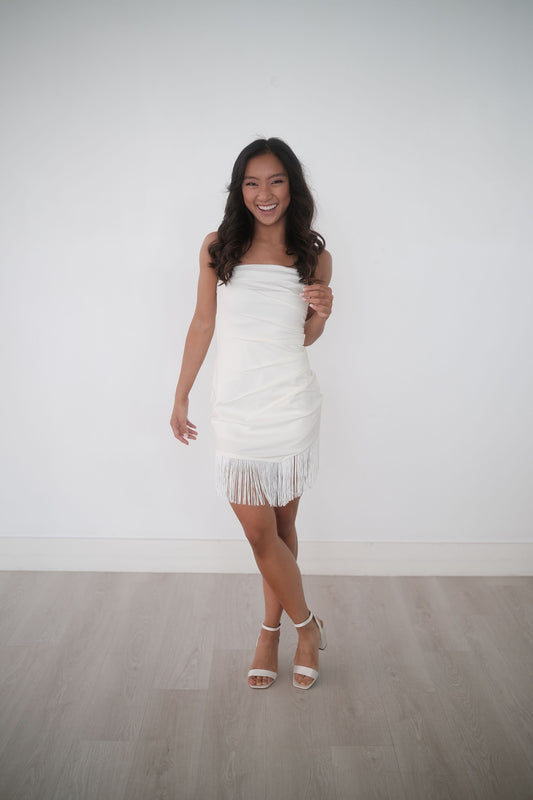 White Strapless Pleated Fringe Mini Dress