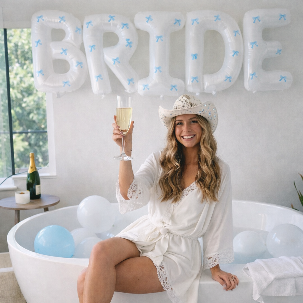 White Bride Balloons With Blue Bows