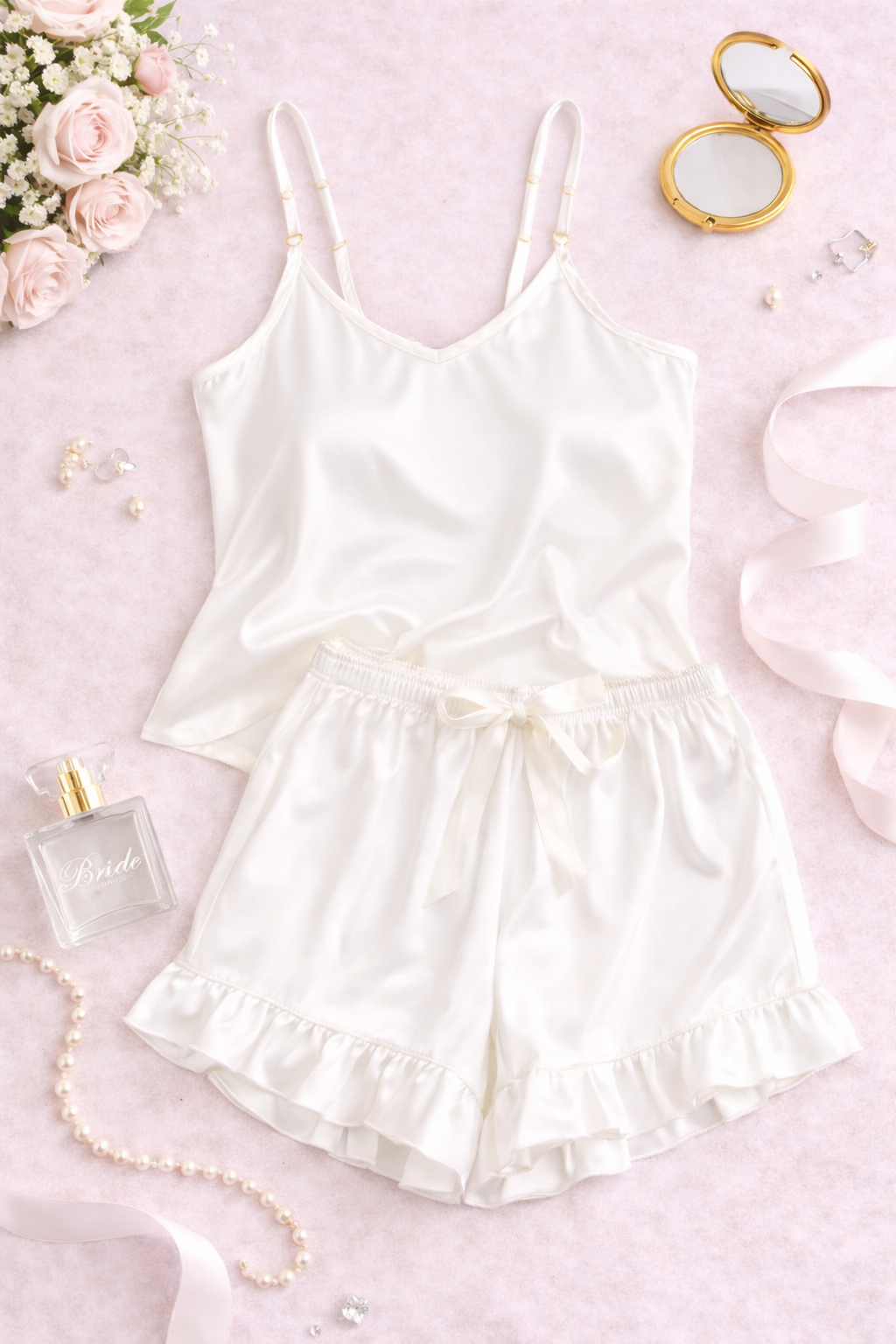 Satin Pajama Set with Velvet Tie