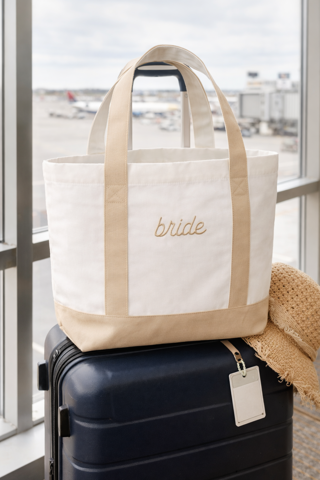 Beige Bride Embroidered Tote Bag