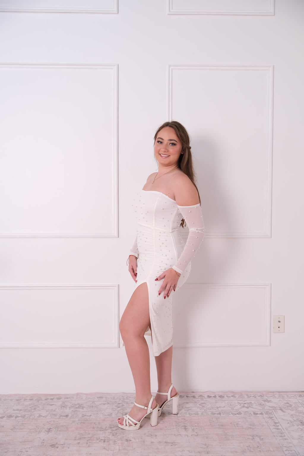 Pearl Off-the-Shoulder Midi Dress