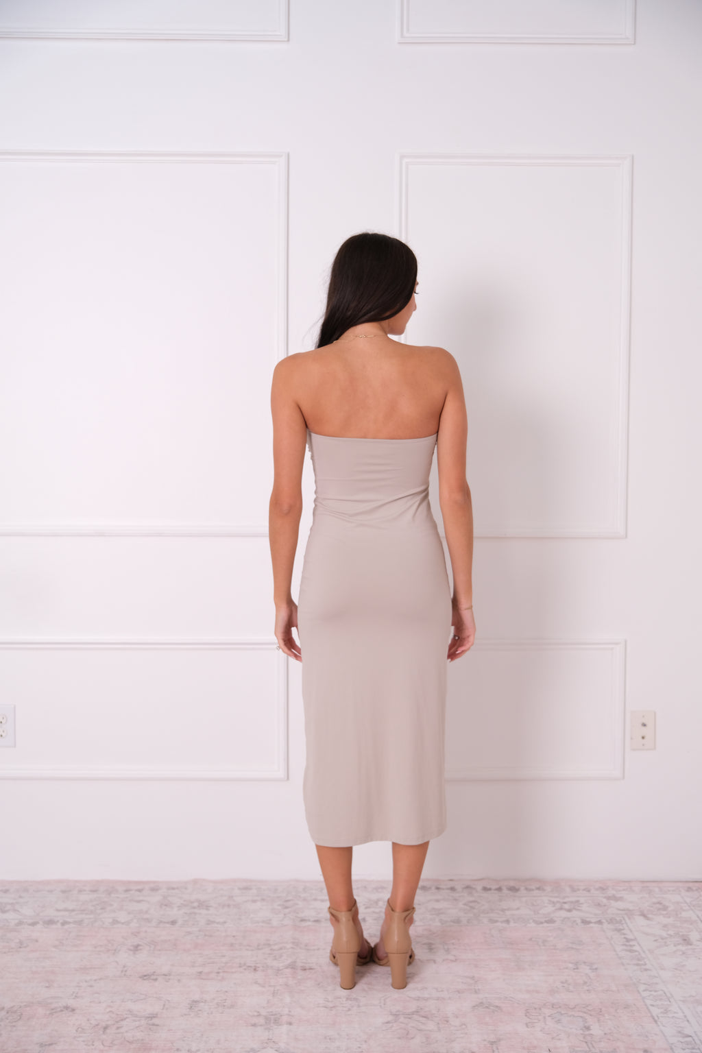 Strapless Taupe Midi Dress