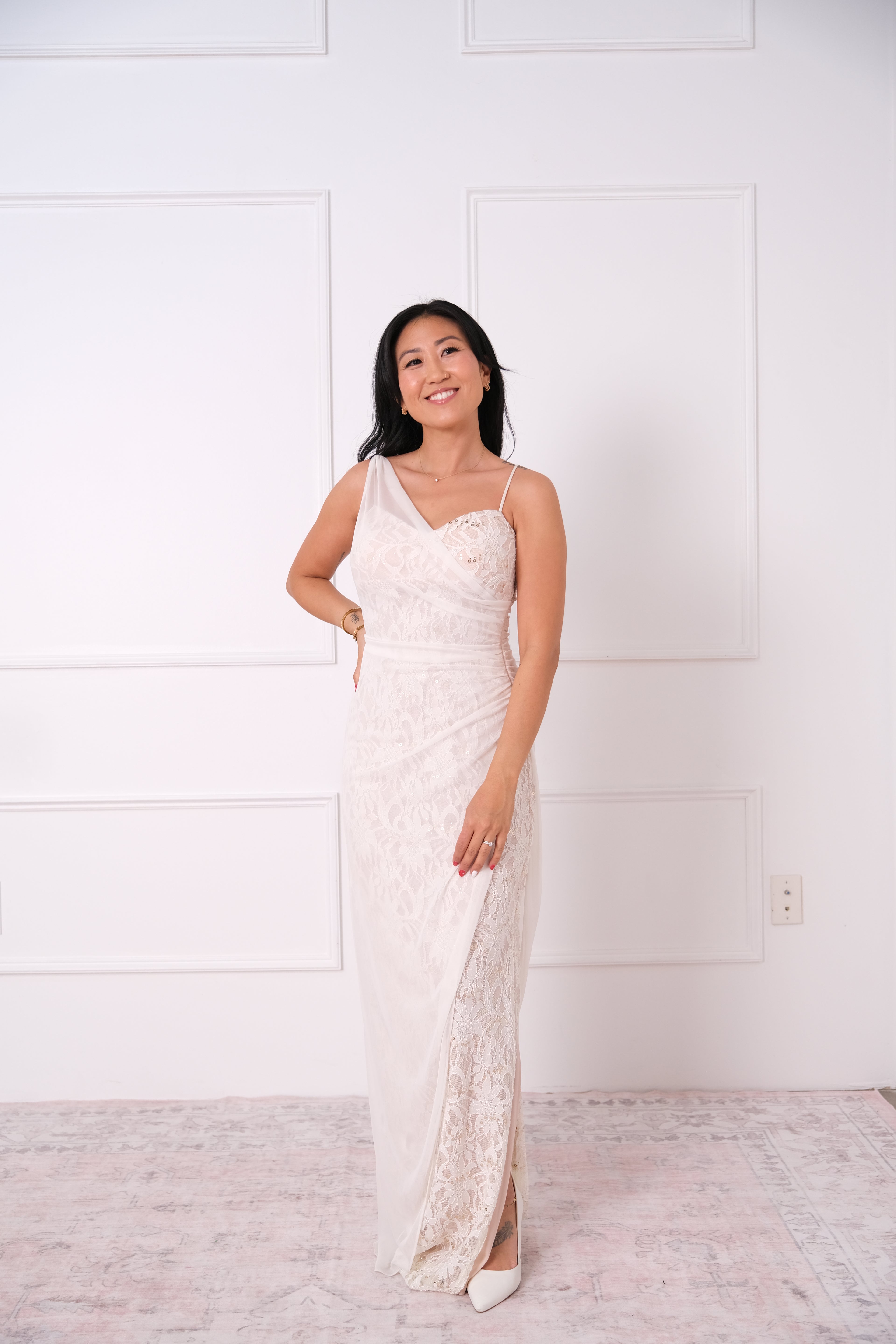 Vintage One-Shoulder Lace Overlay Maxi Dress