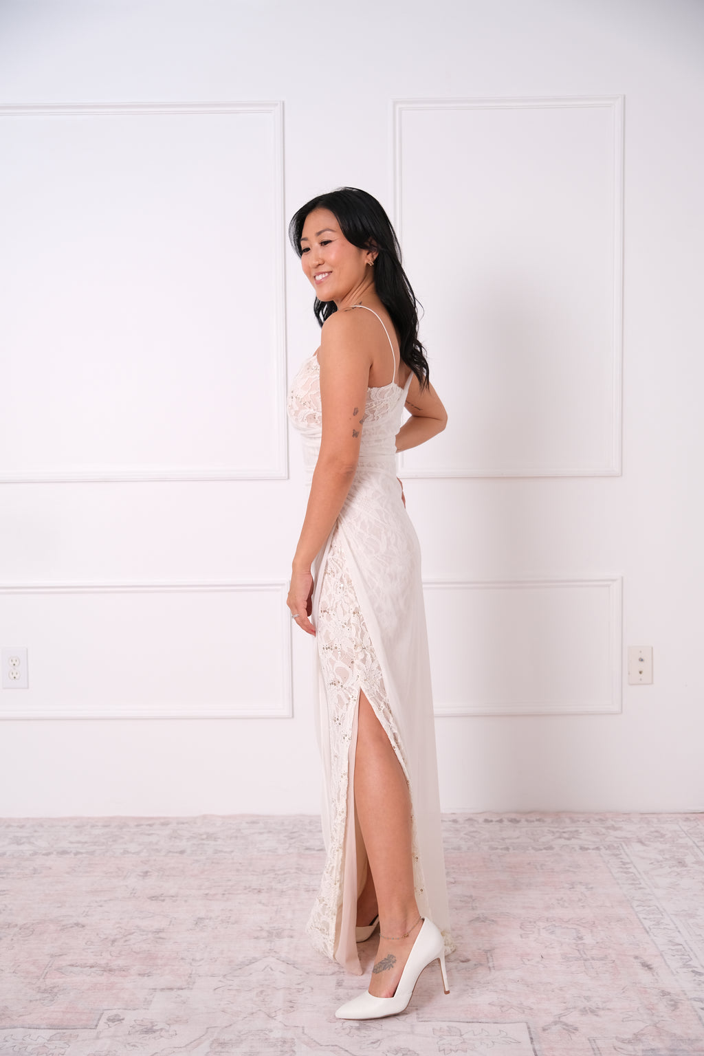 Vintage One-Shoulder Lace Overlay Maxi Dress
