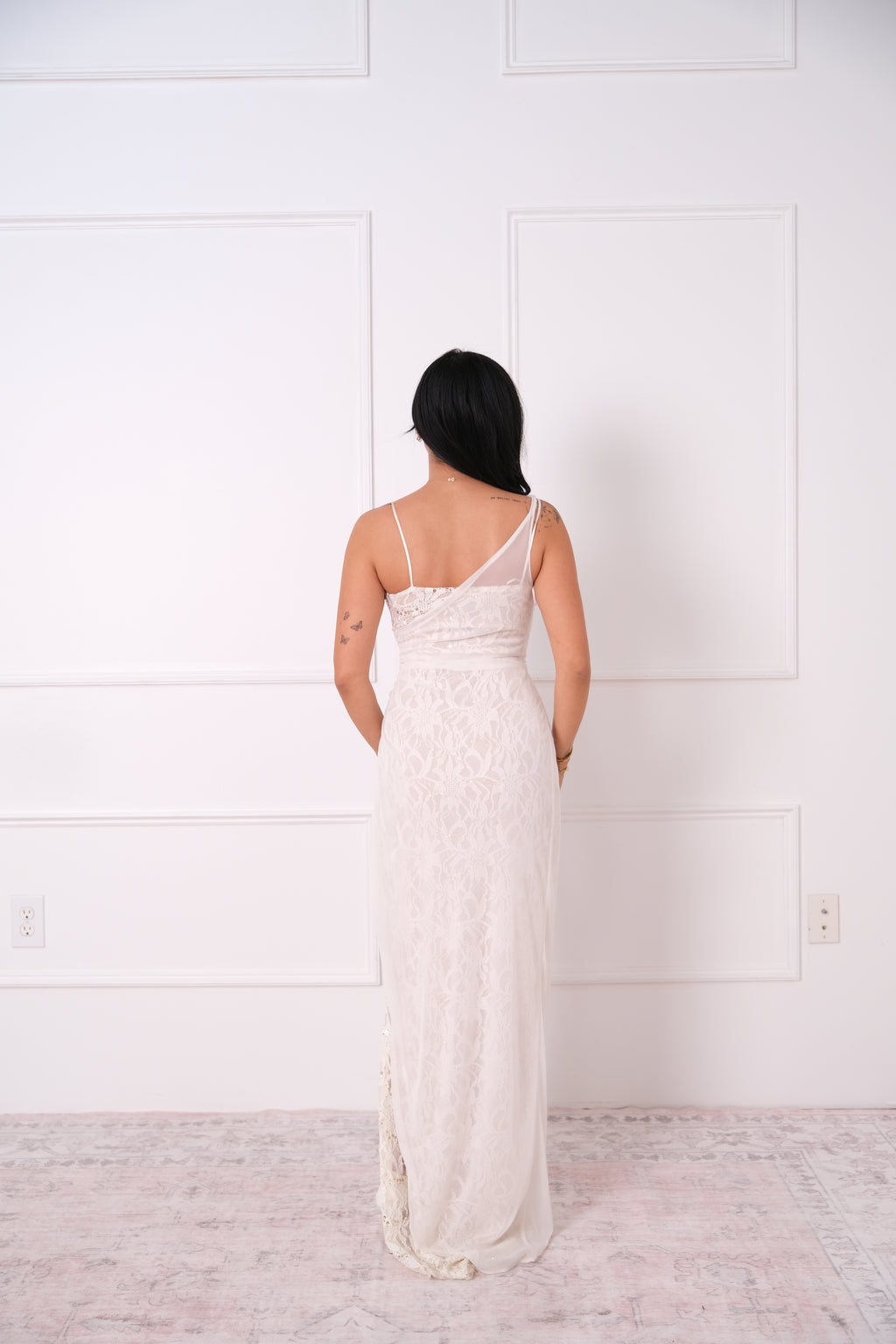 Vintage One-Shoulder Lace Overlay Maxi Dress