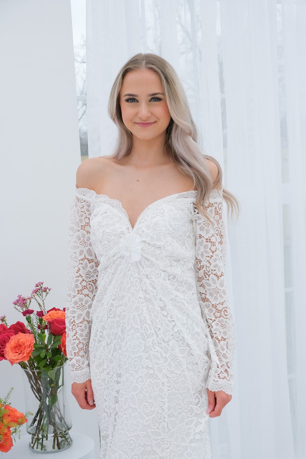 Vintage Off-The-Shoulder Lace Gown