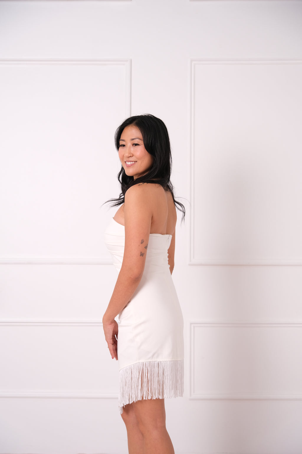 Strapless Pleated Fringe Mini Dress