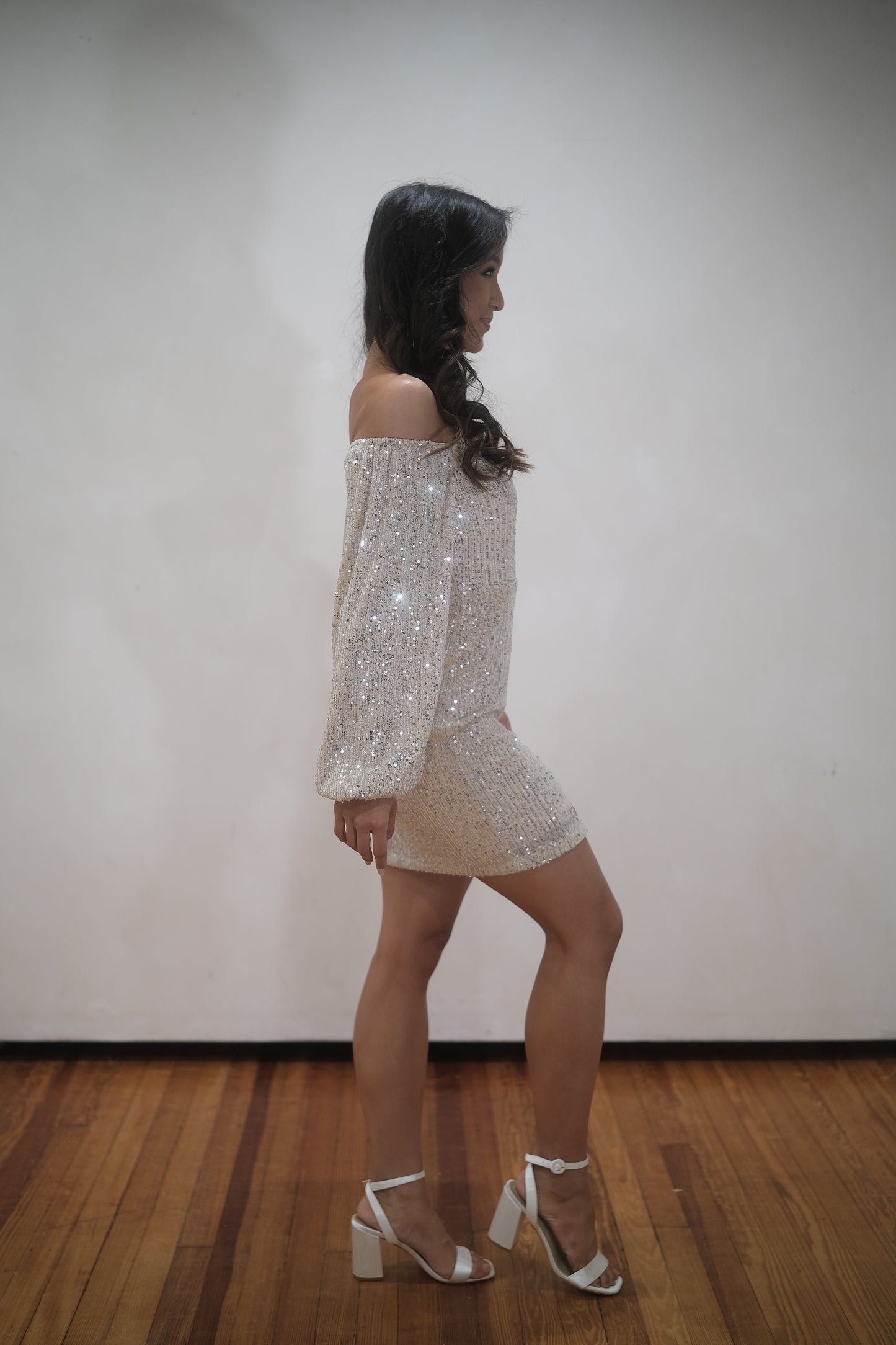 The Off-Shoulder Sequin Mini Dress