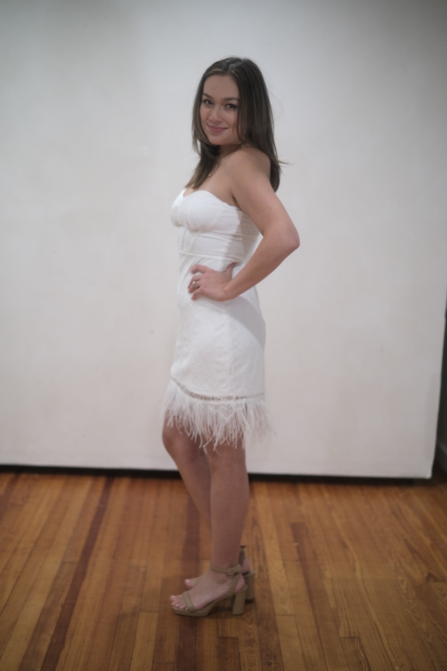 Strapless Lace Dress with Feather Trim