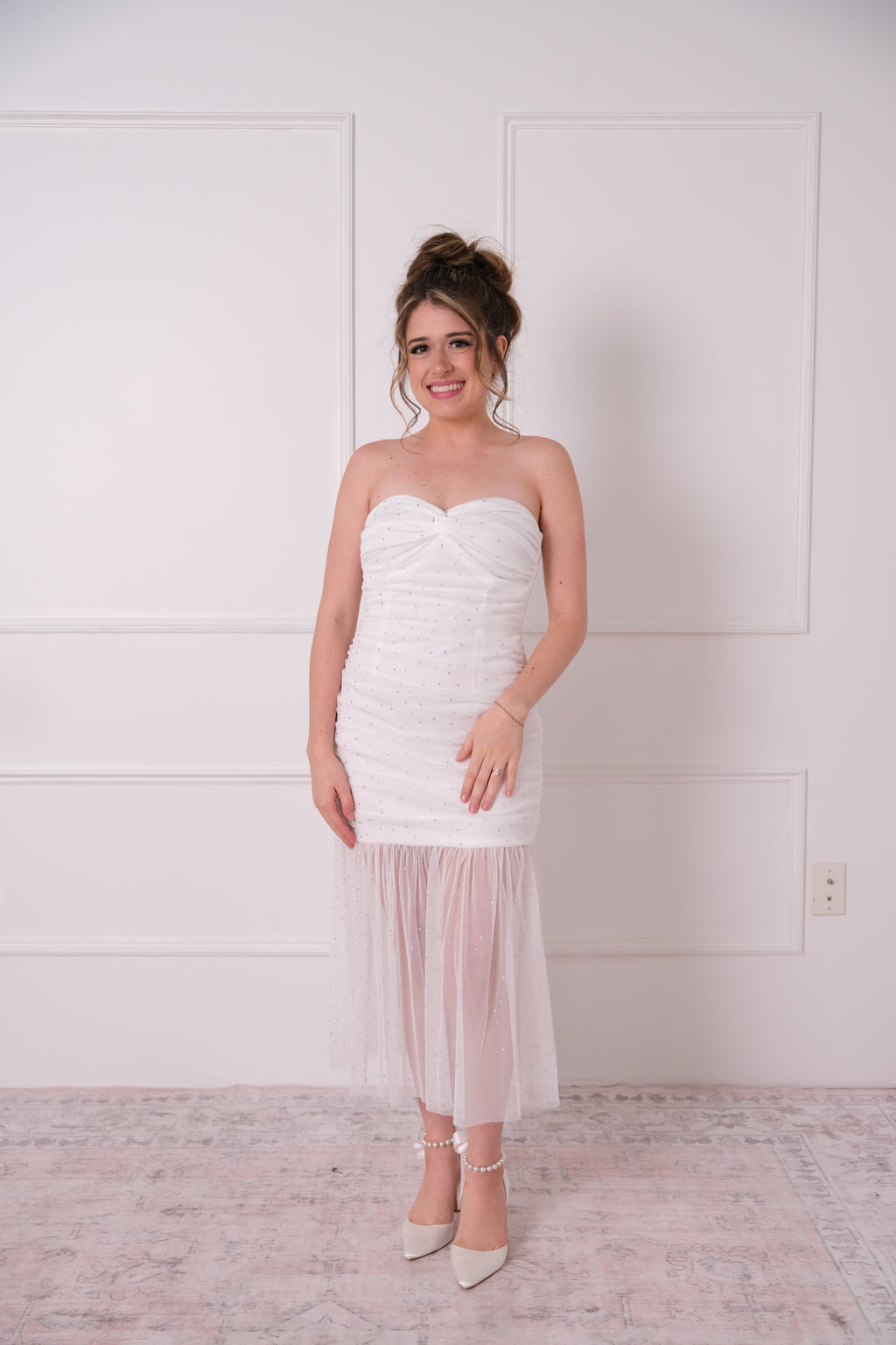 Mesh Rhinestone Ruched  Midi