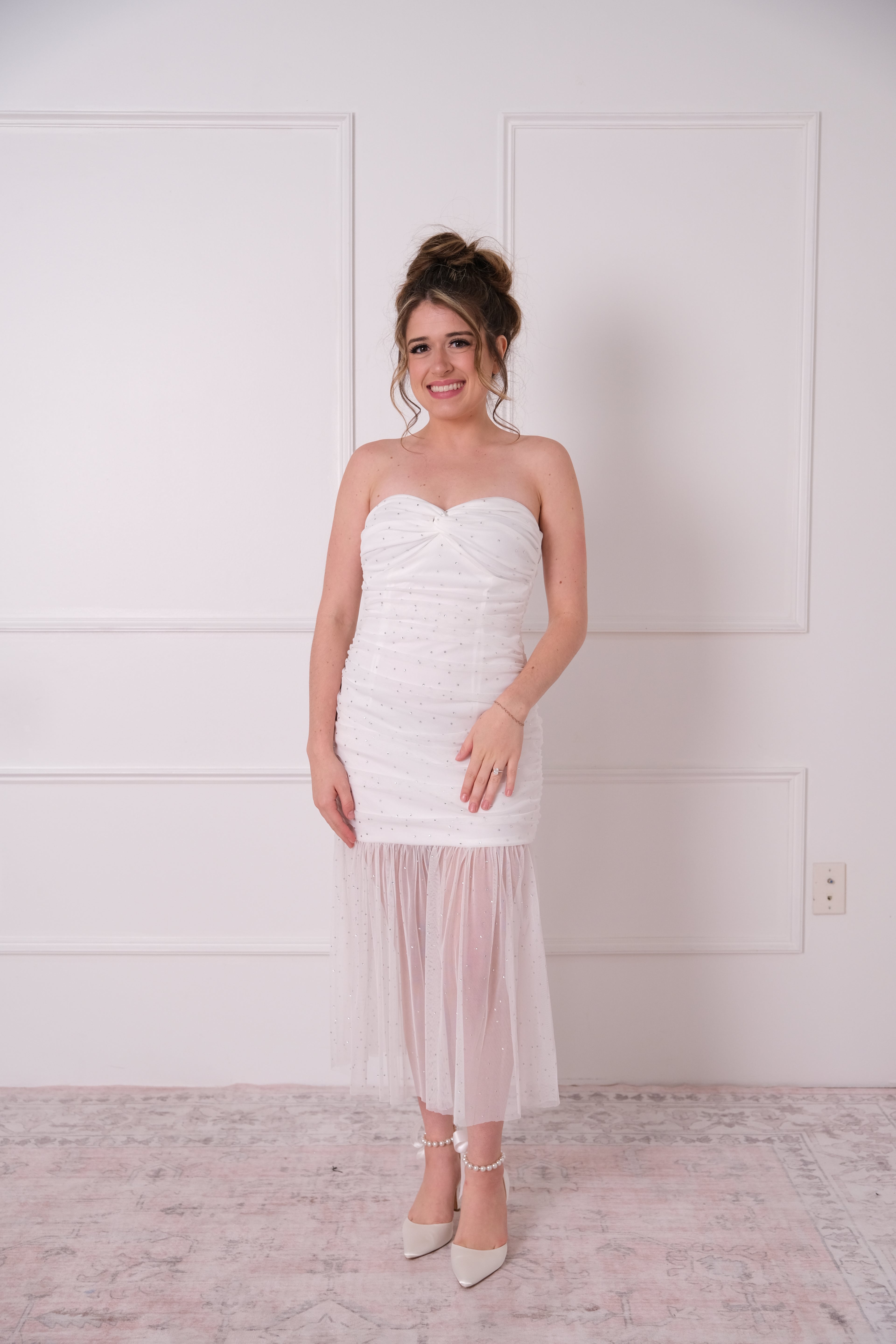 Mesh Rhinestone Ruched  Midi