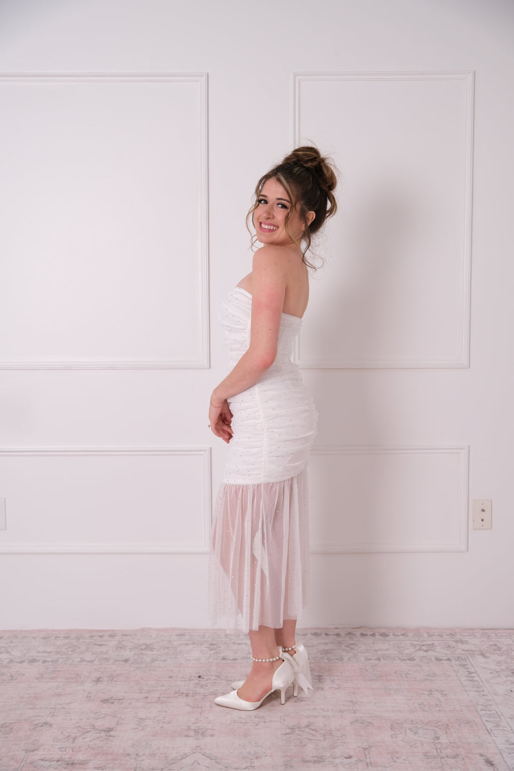 Mesh Rhinestone Ruched  Midi