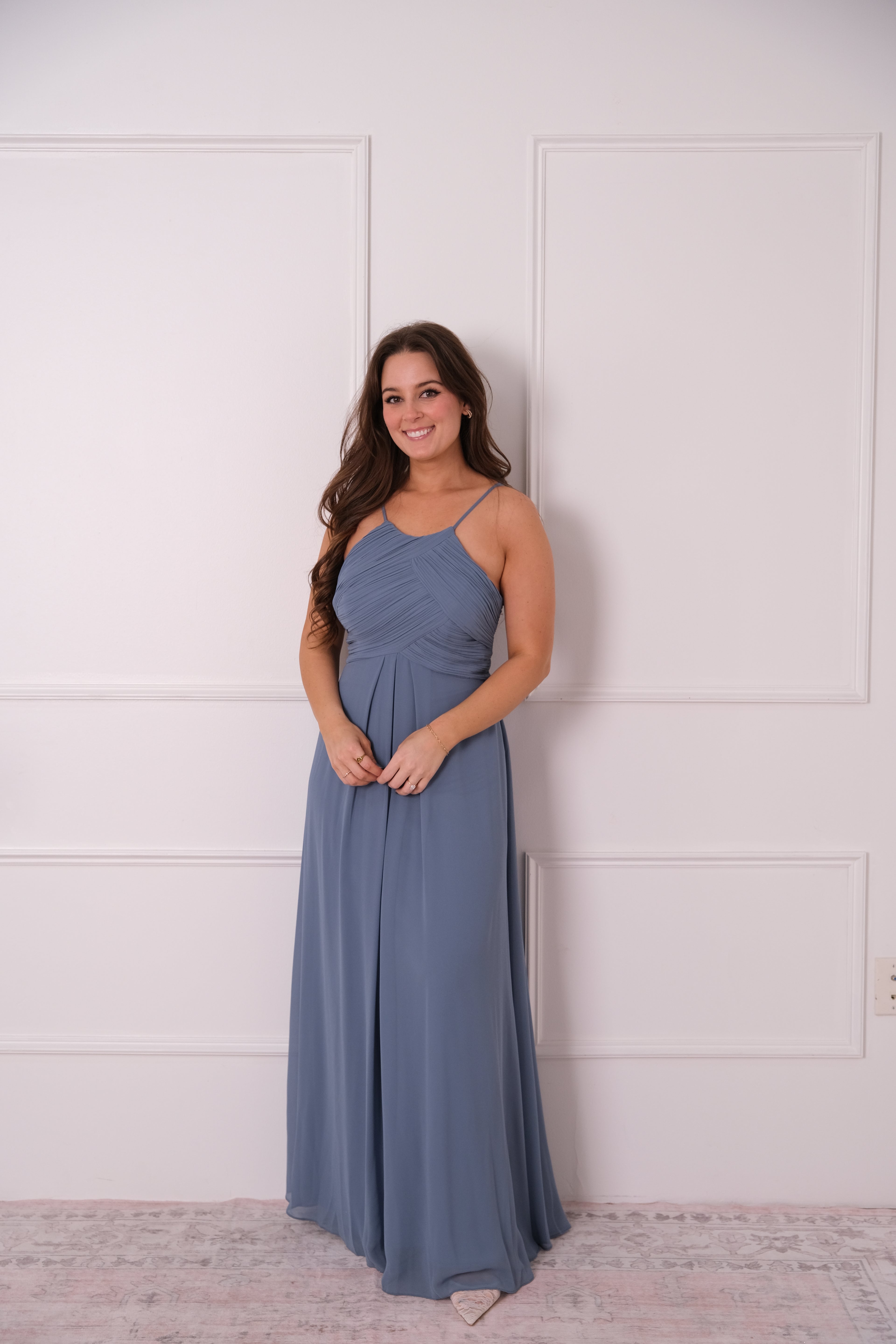 Steel Blue Chiffon Pleated Maxi Dress