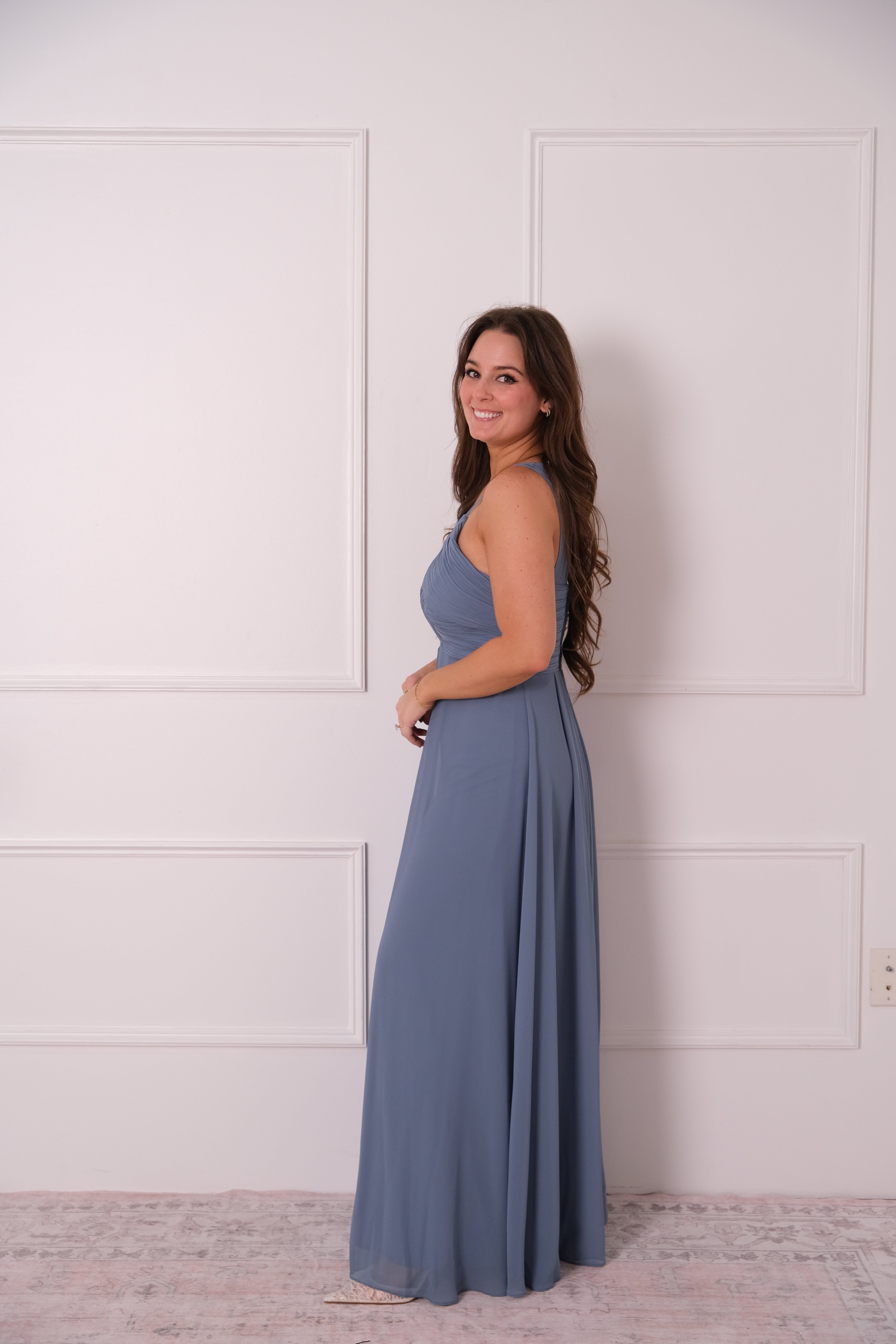 Steel Blue Chiffon Pleated Maxi Dress