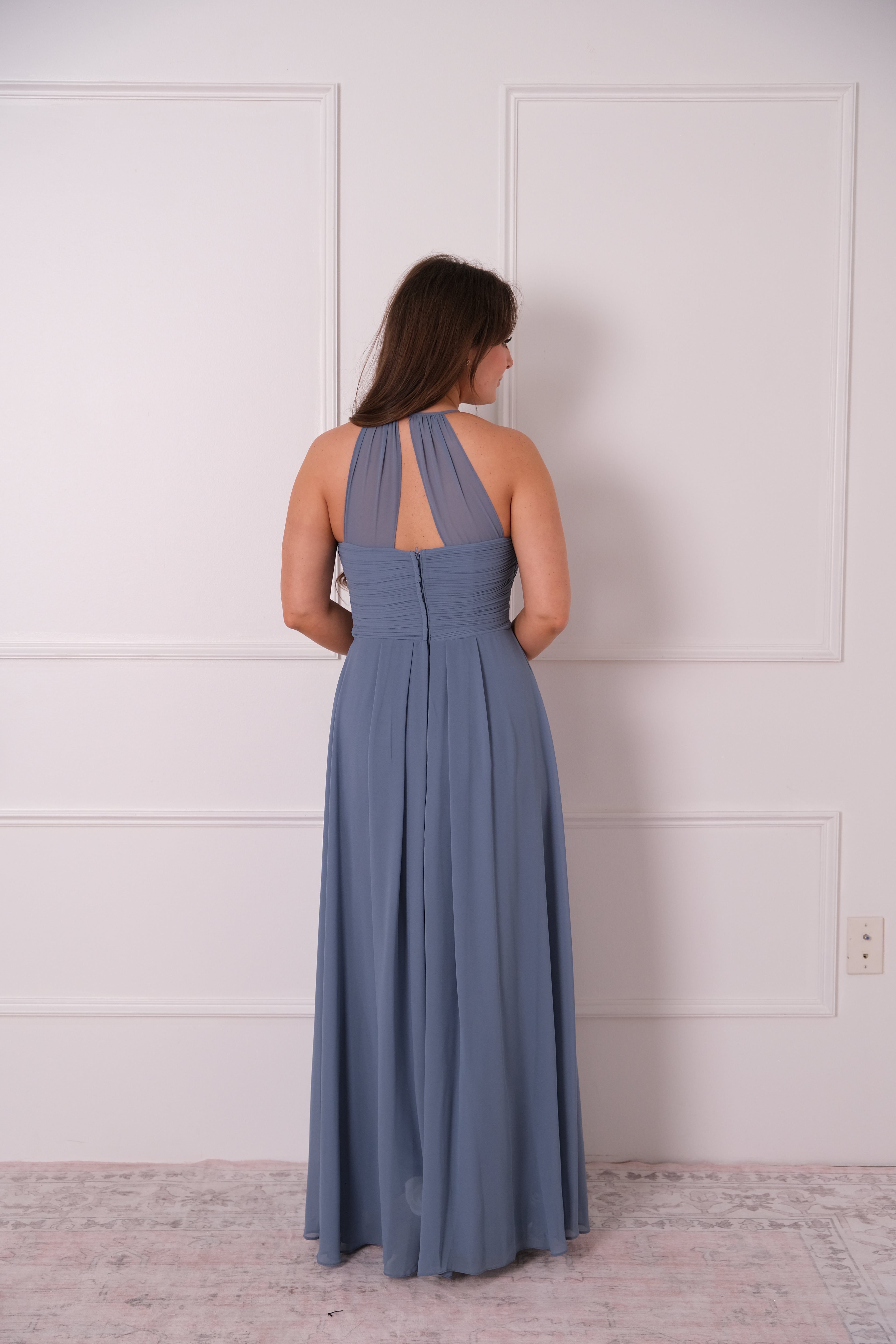 Steel Blue Chiffon Pleated Maxi Dress