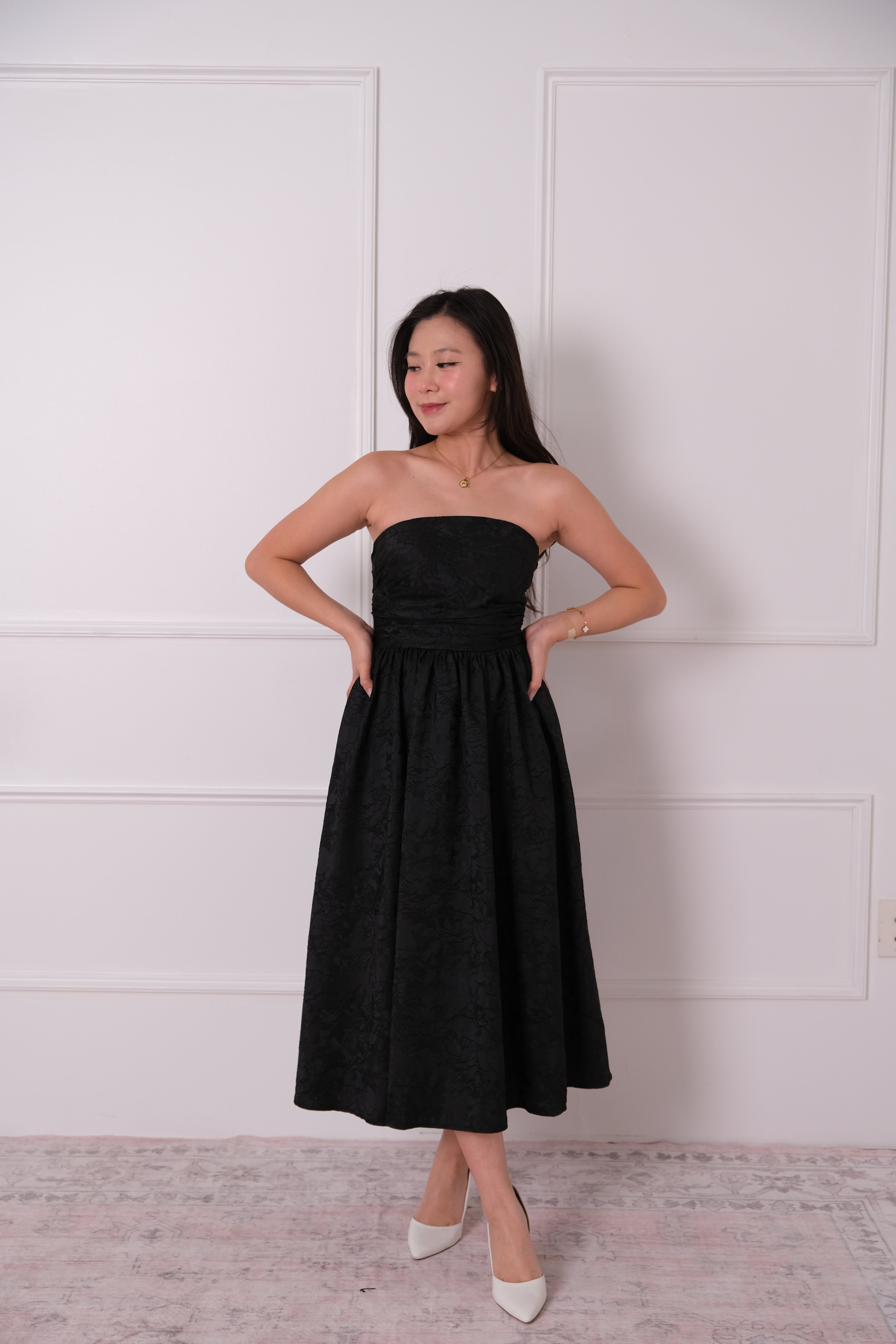 Midnight Garden Strapless Midi Dress