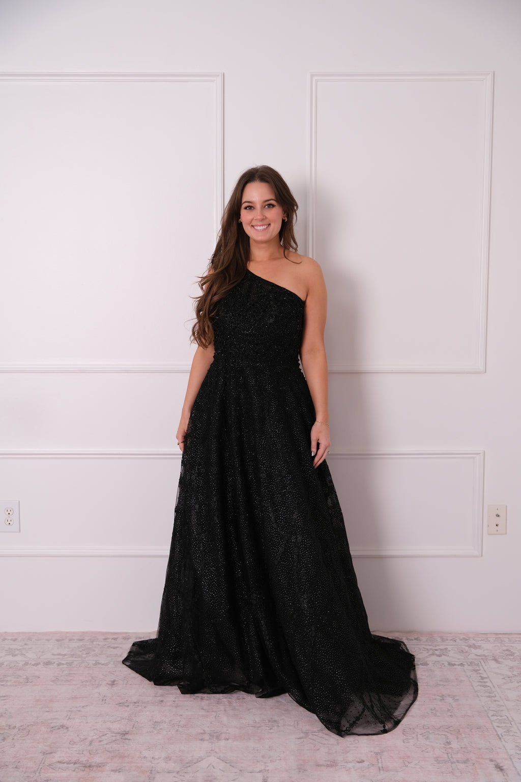 Black Embellished One Shoulder A Line Gown