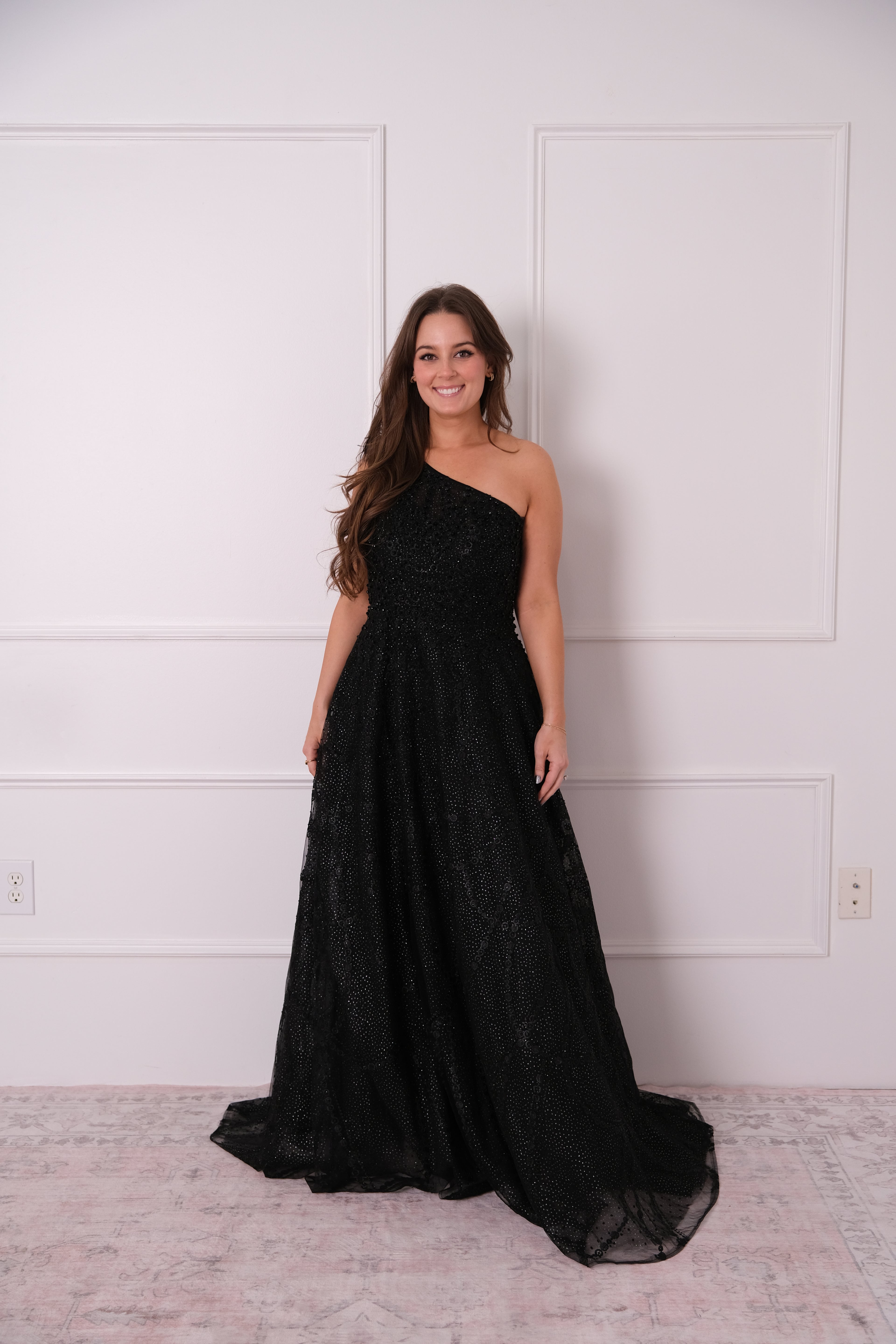 Black Embellished One Shoulder A Line Gown