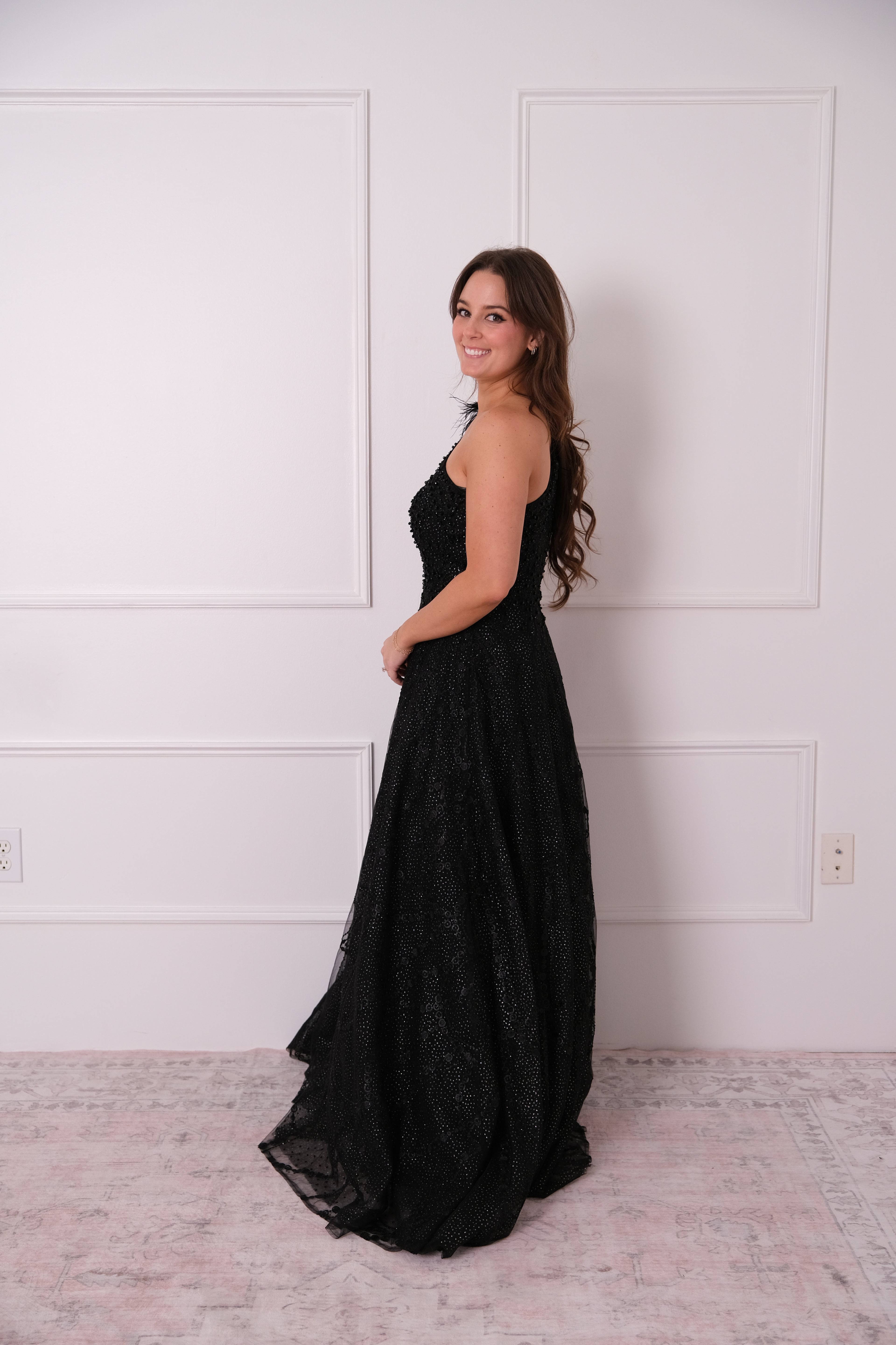 Black Embellished One Shoulder A Line Gown