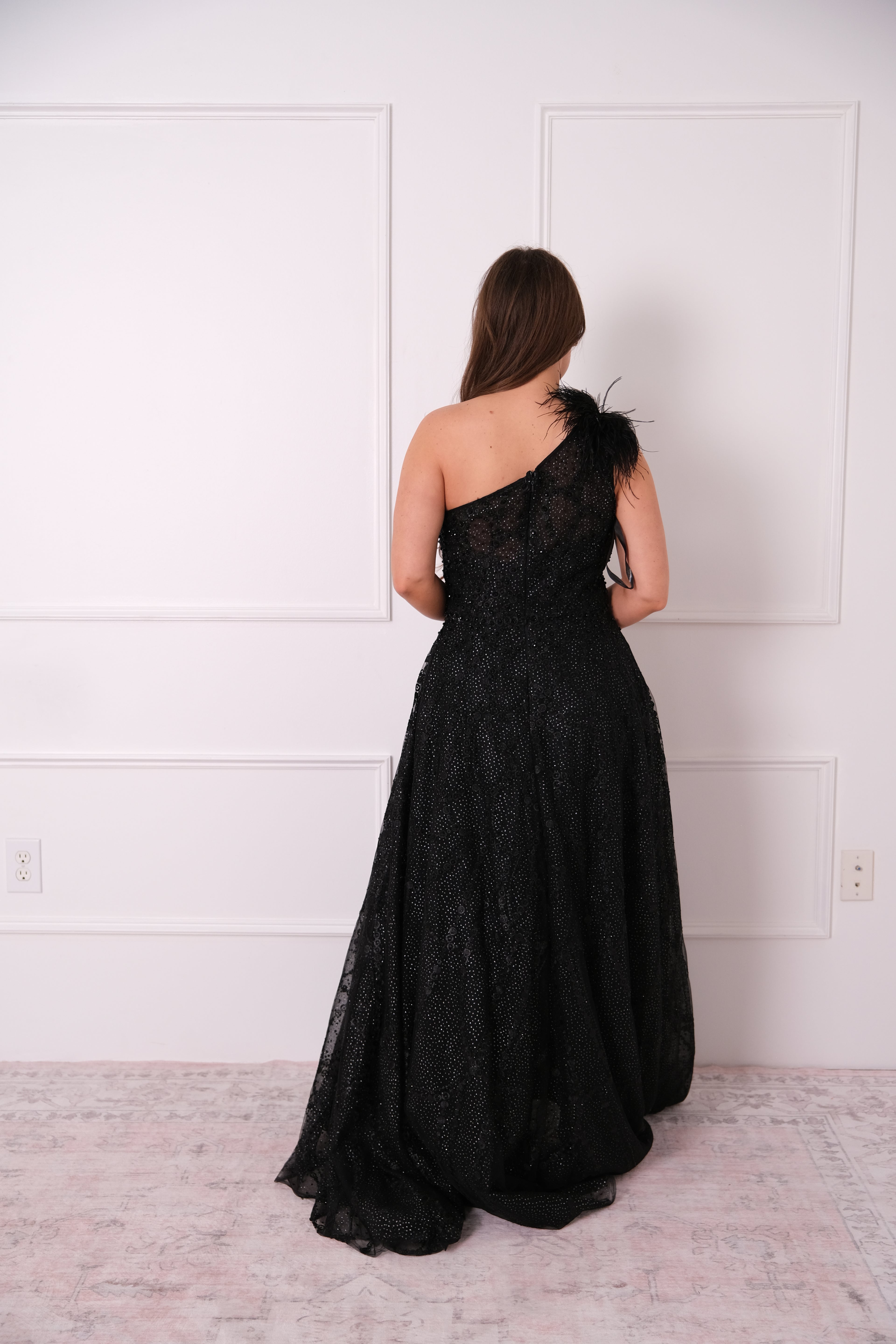 Black Embellished One Shoulder A Line Gown