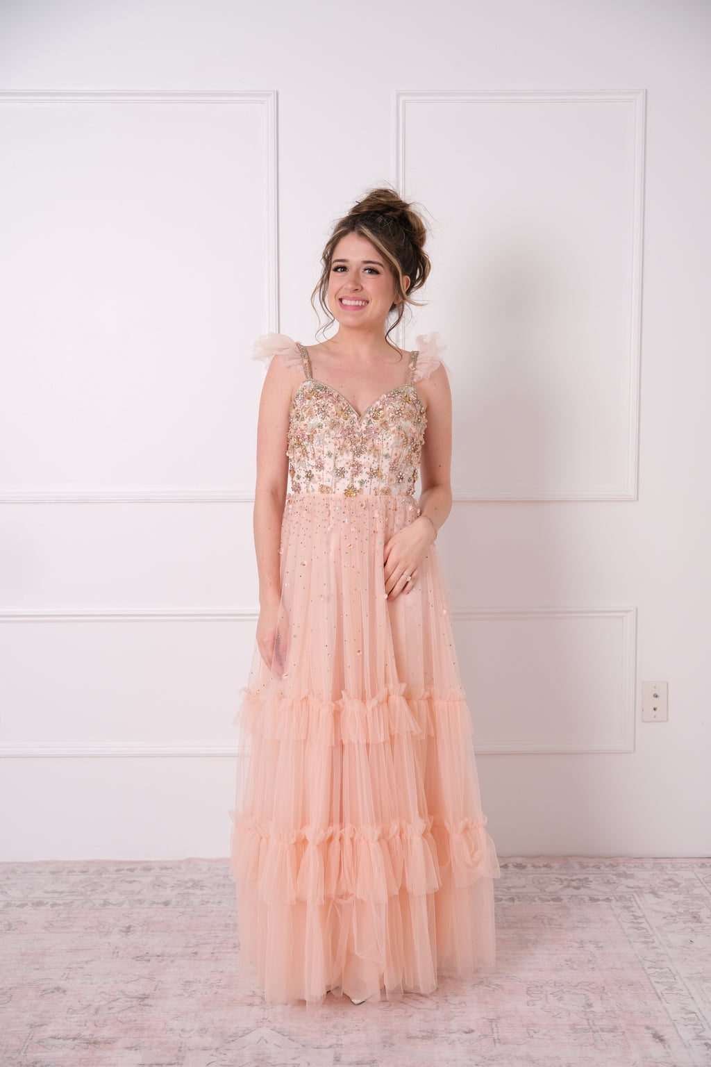 Mac Duggal Apricot Beaded A-Line Formal Gown