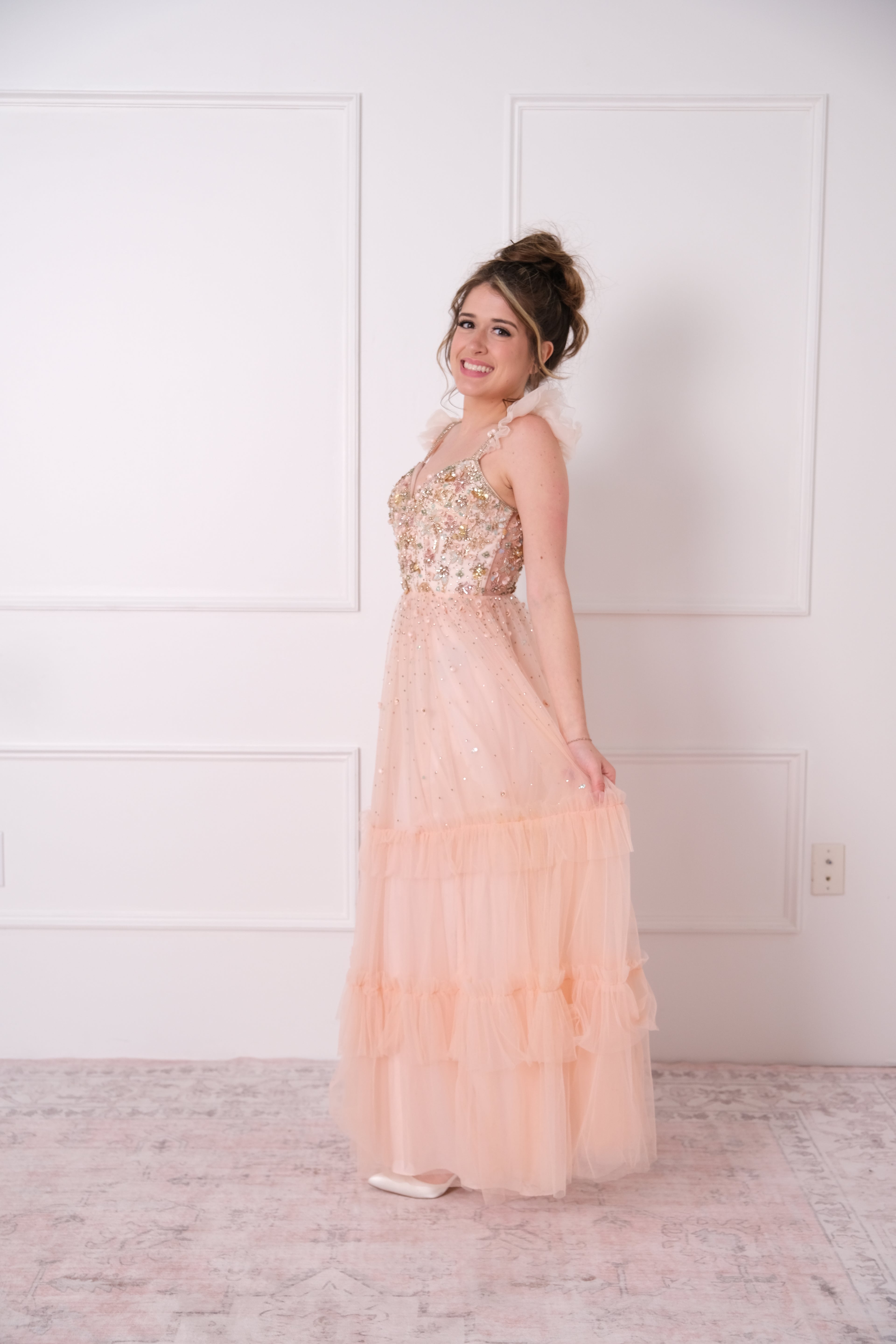 Mac Duggal Apricot Beaded A-Line Formal Gown