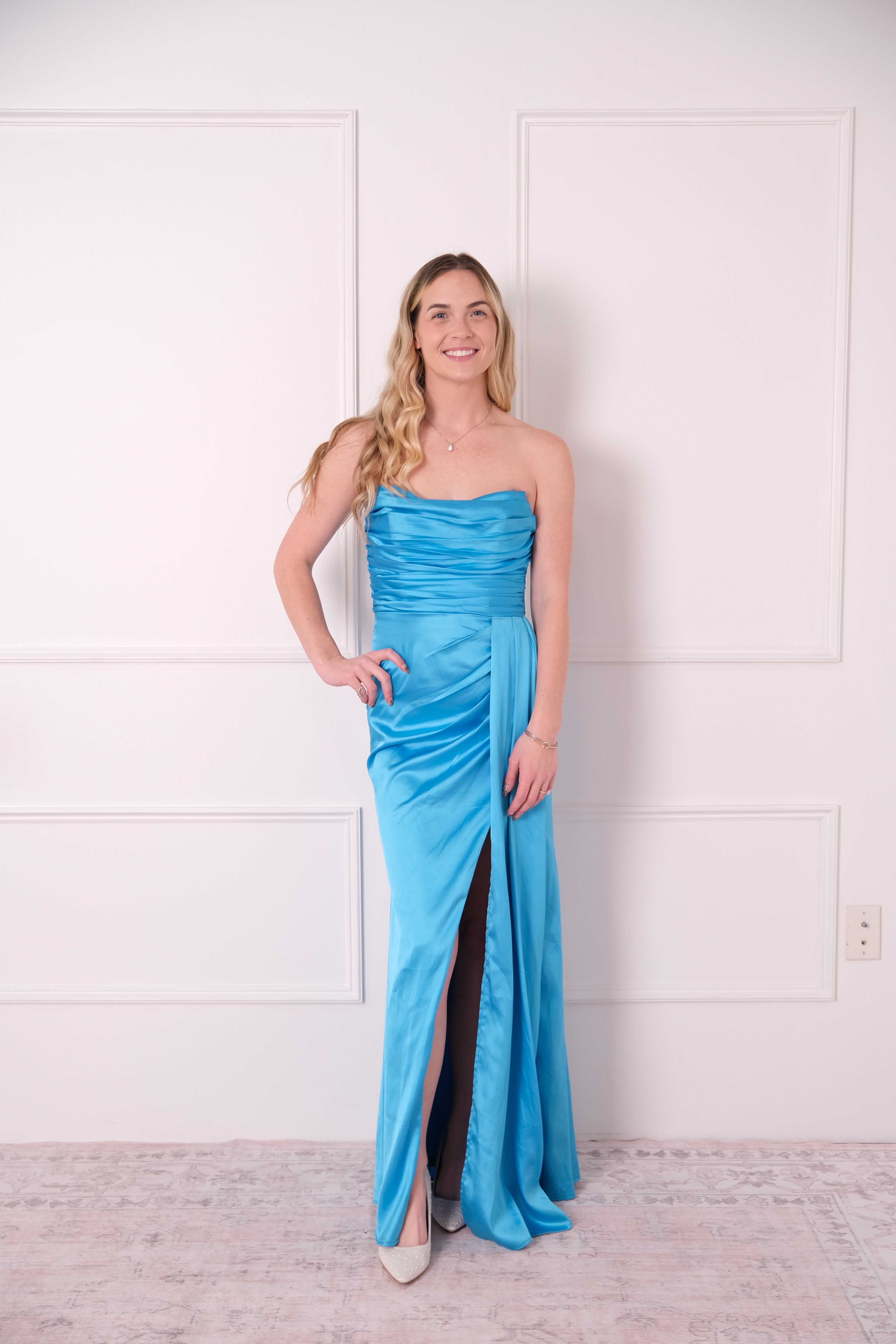 Strapless Blue Satin Gown