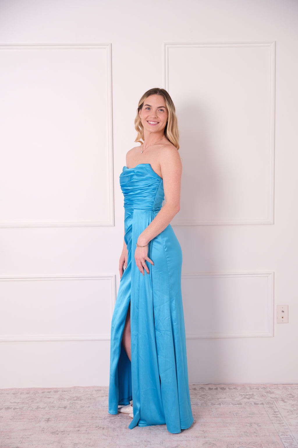 Strapless Blue Satin Gown