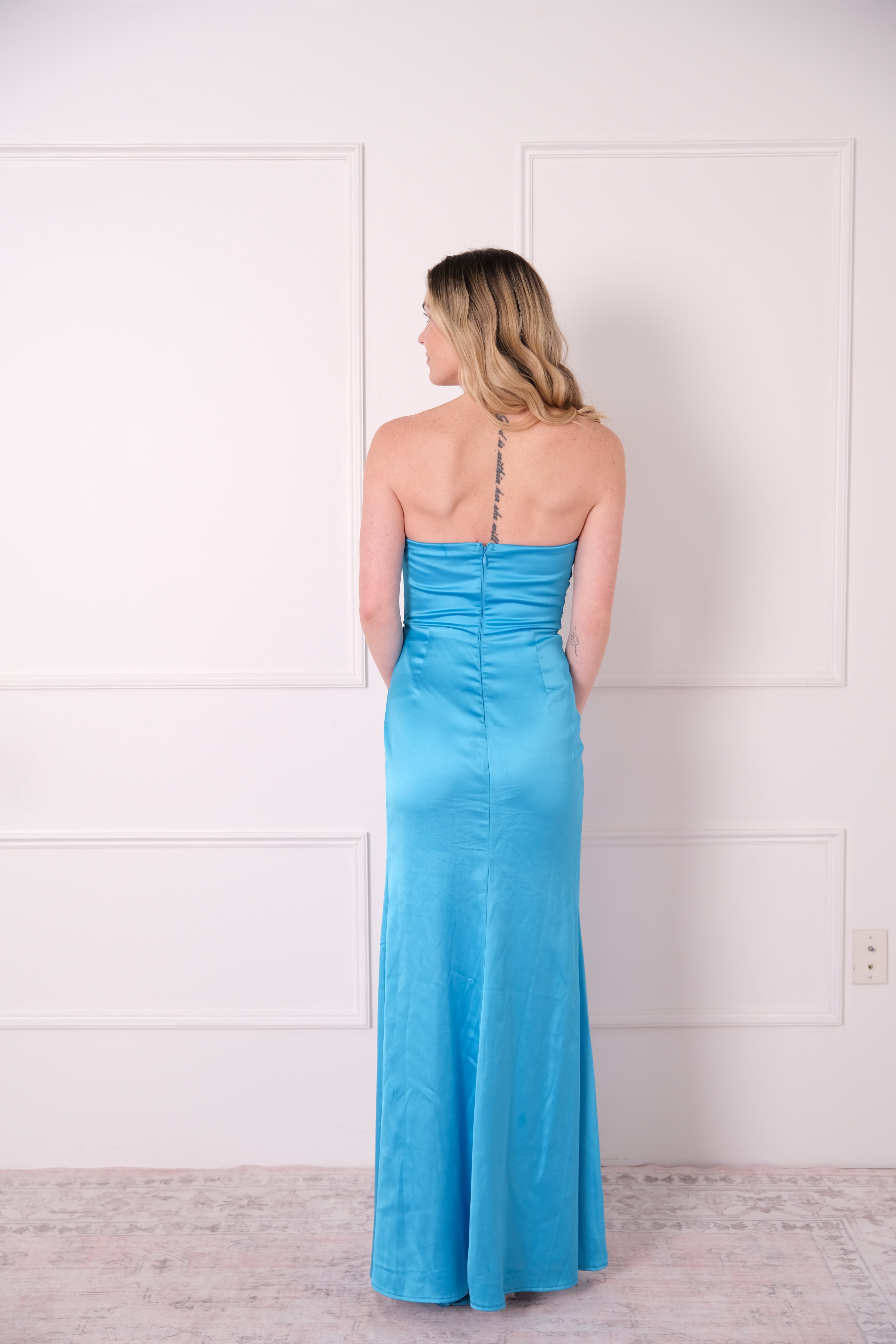 Strapless Blue Satin Gown