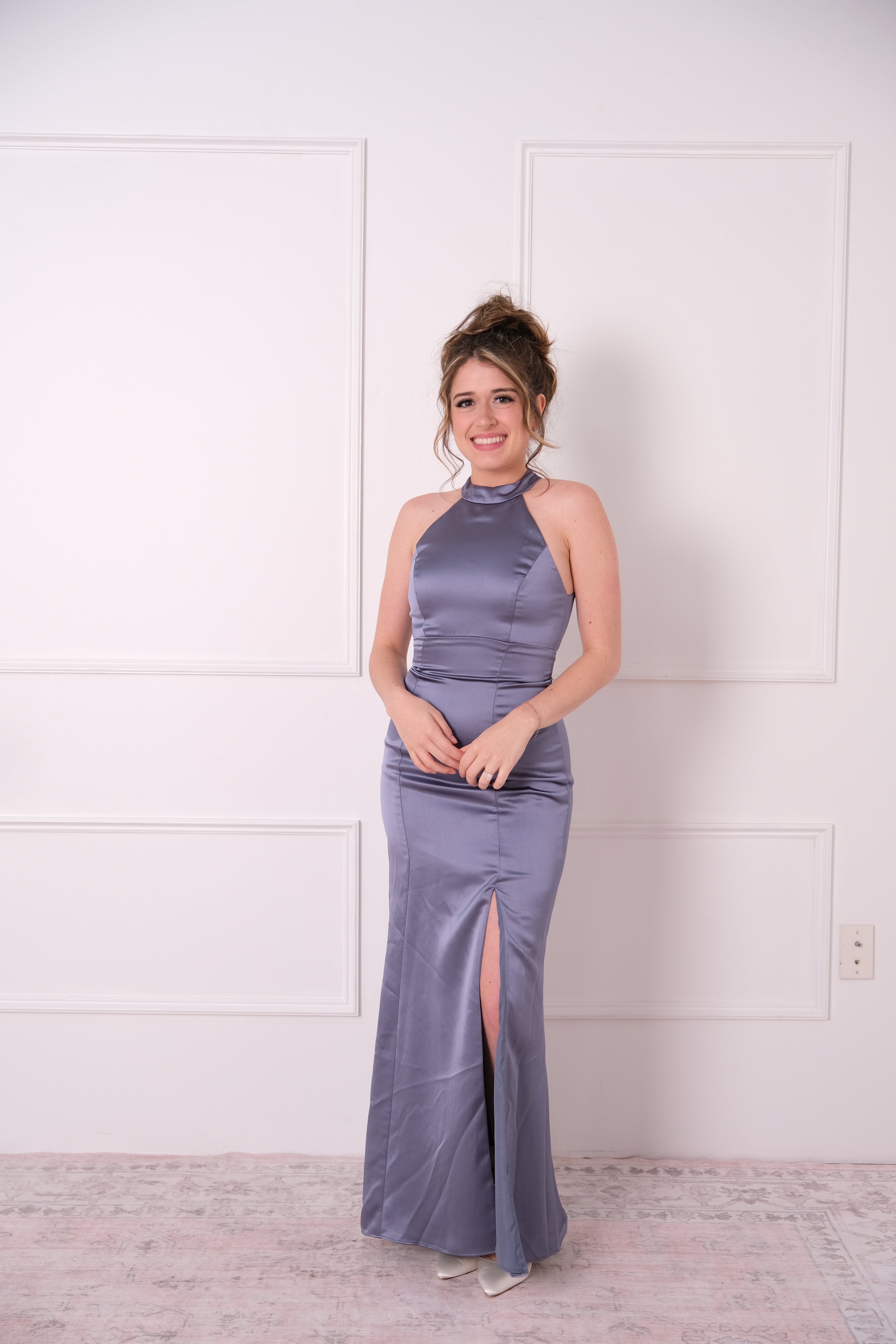 Steel Blue Satin Halter Gown