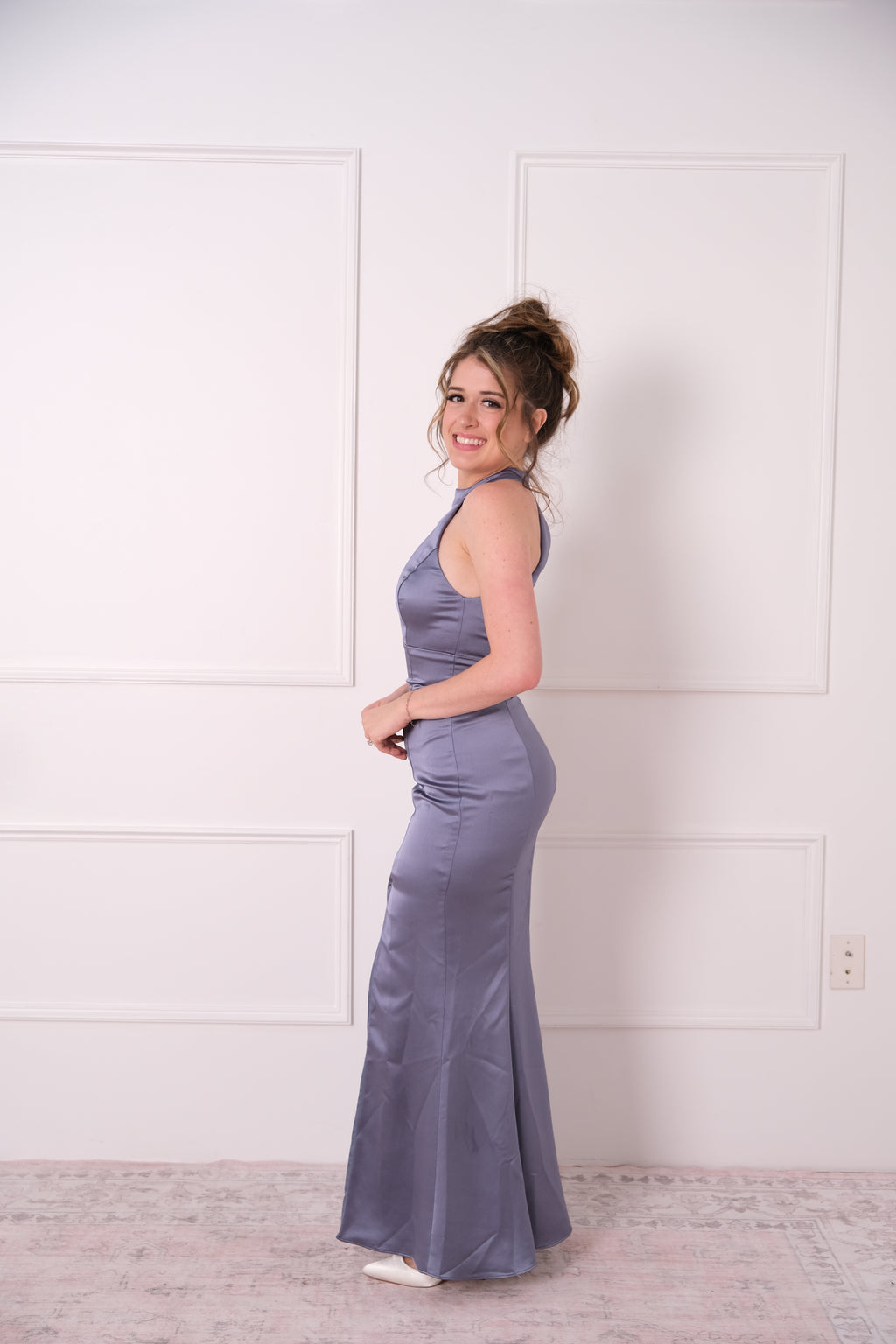 Steel Blue Satin Halter Gown