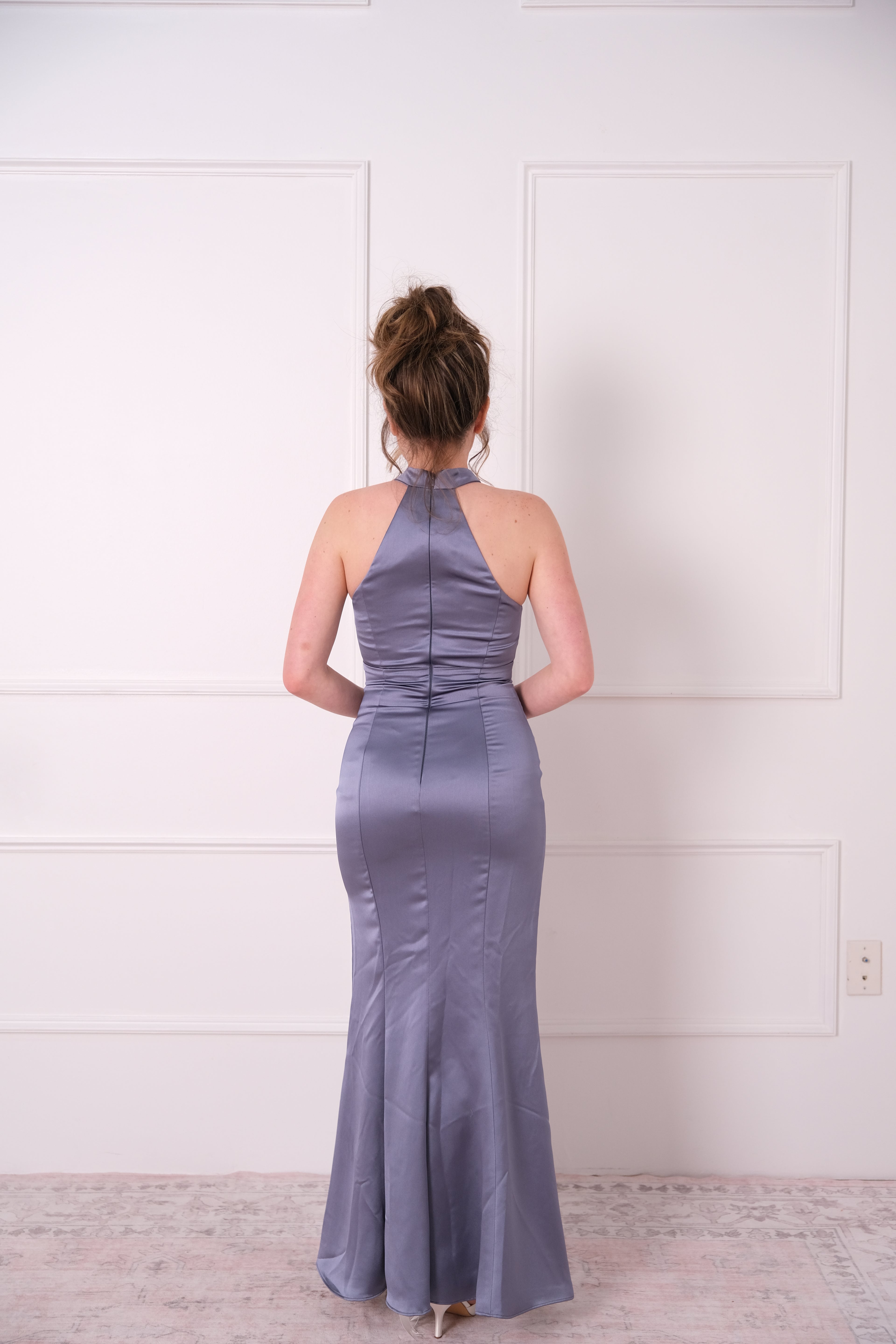 Steel Blue Satin Halter Gown