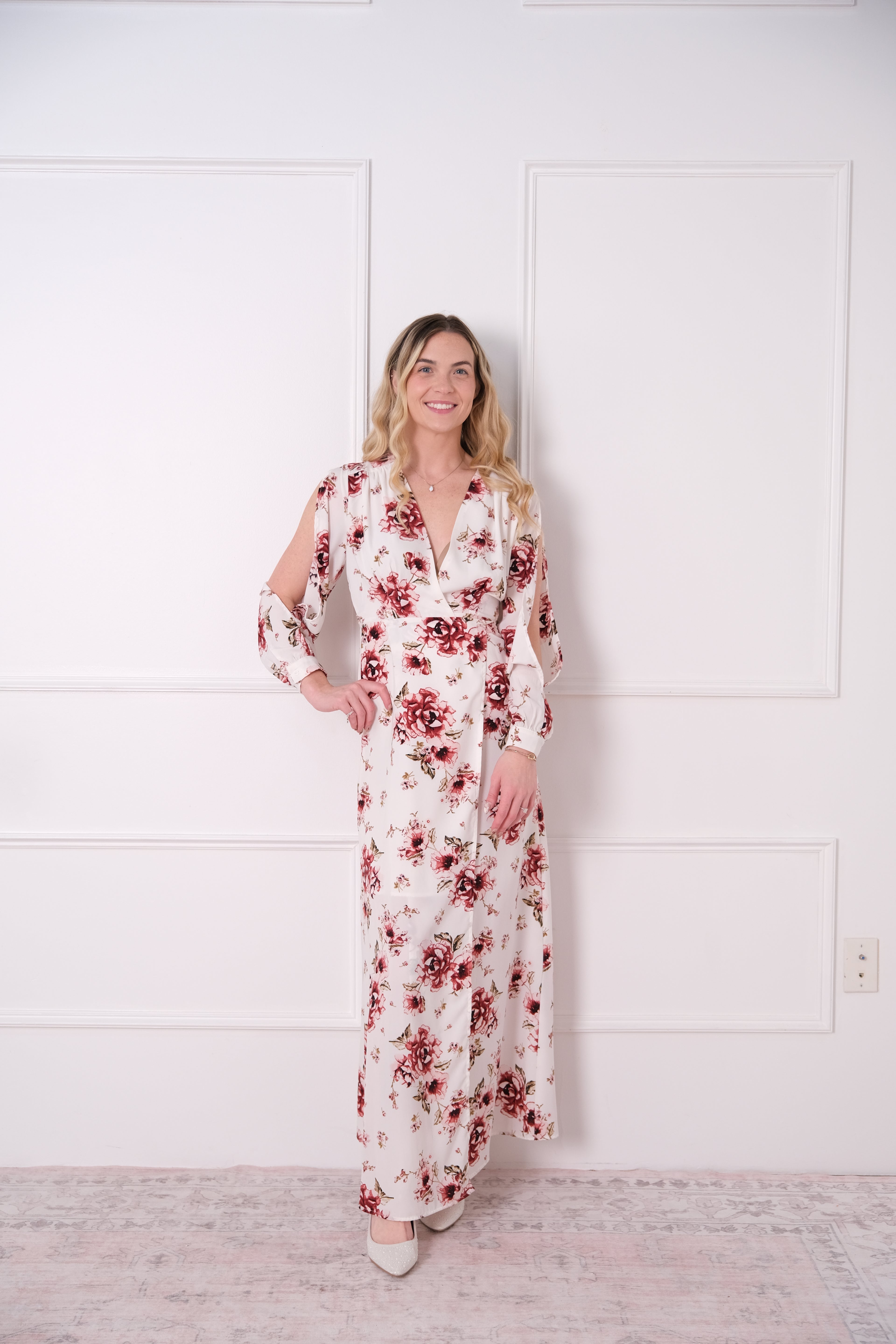 Ivory Floral Wrap-Style Maxi