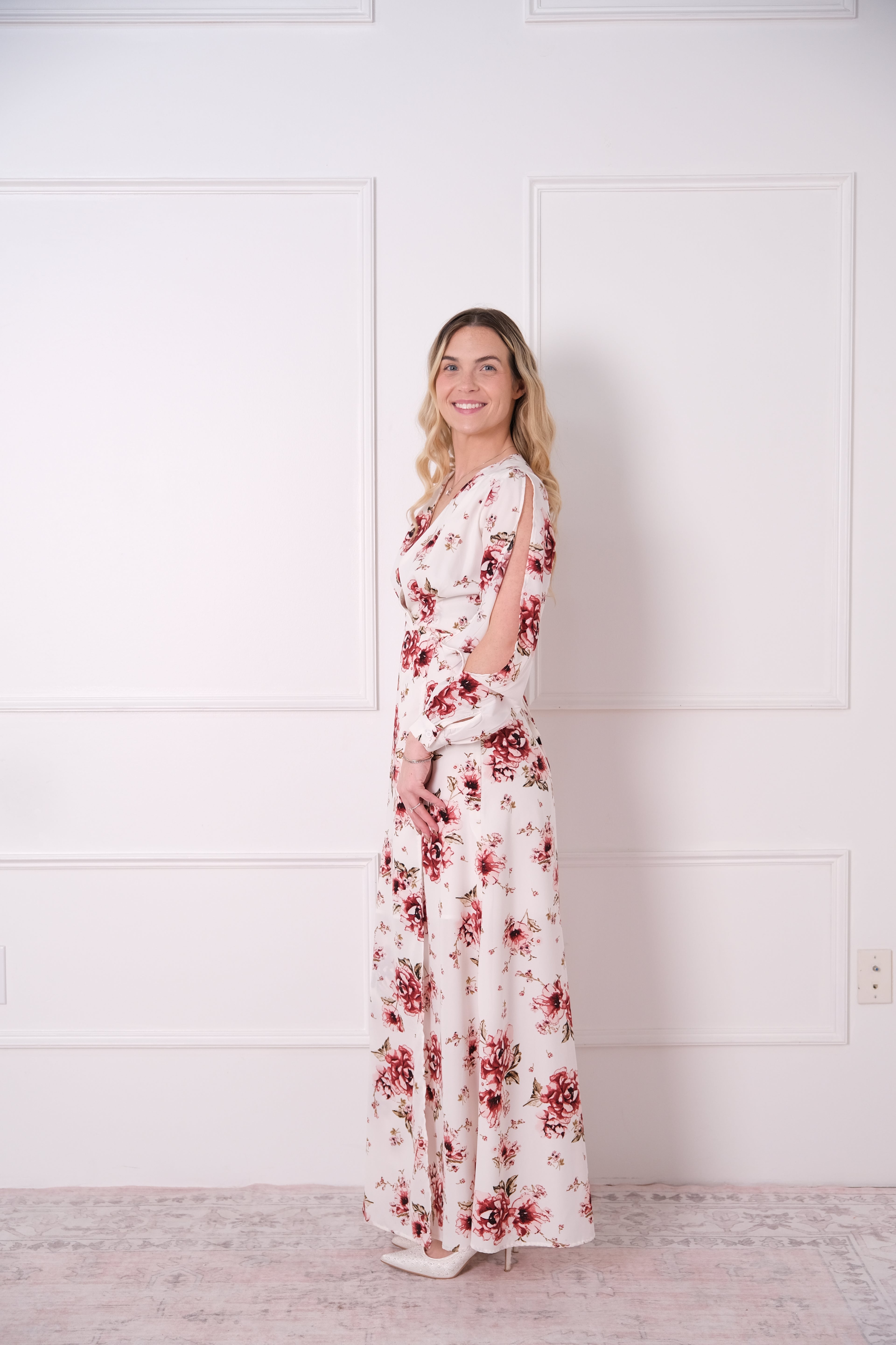 Ivory Floral Wrap-Style Maxi