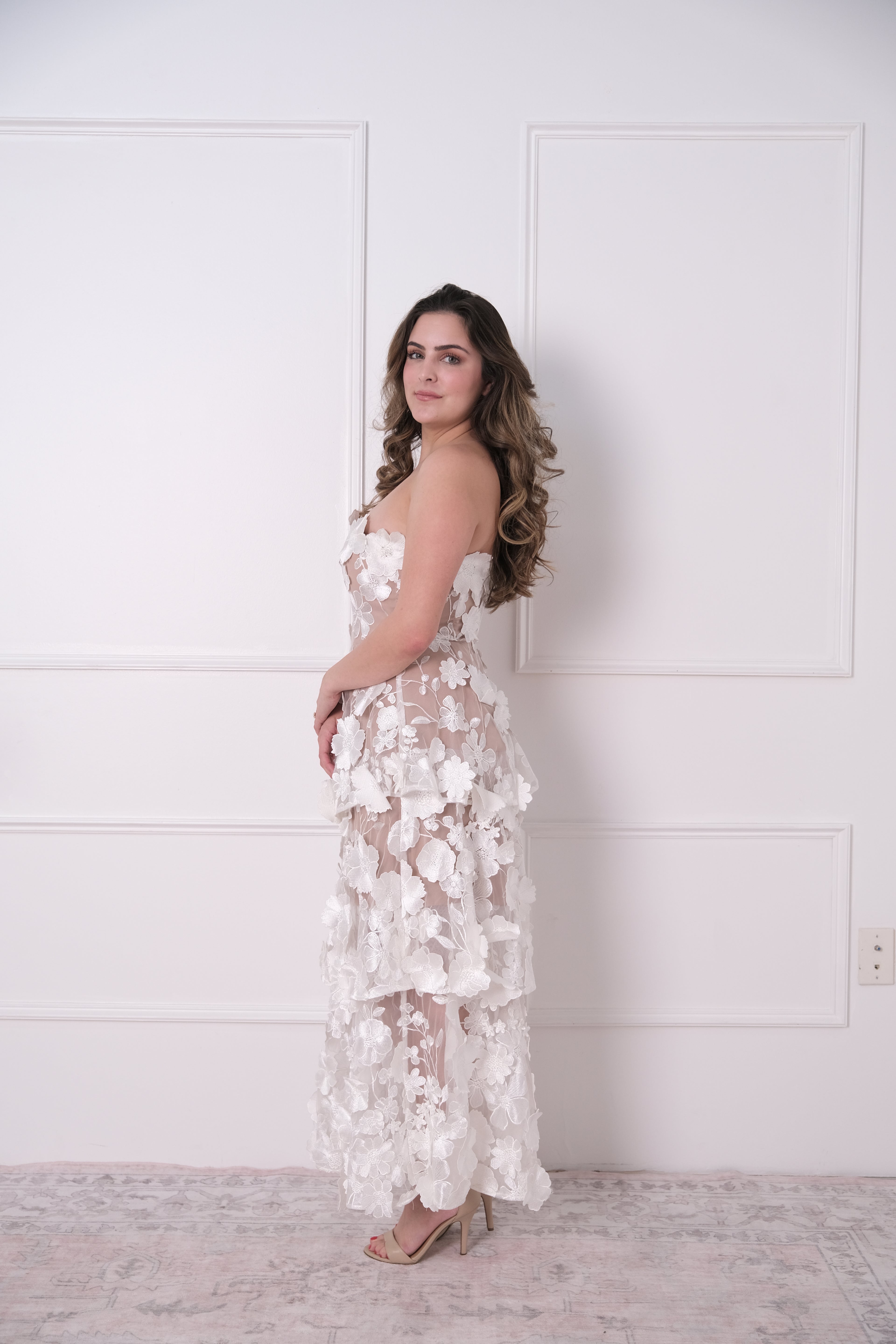 Elliatt Selene Strapless 3D Floral Lace Tiered Maxi