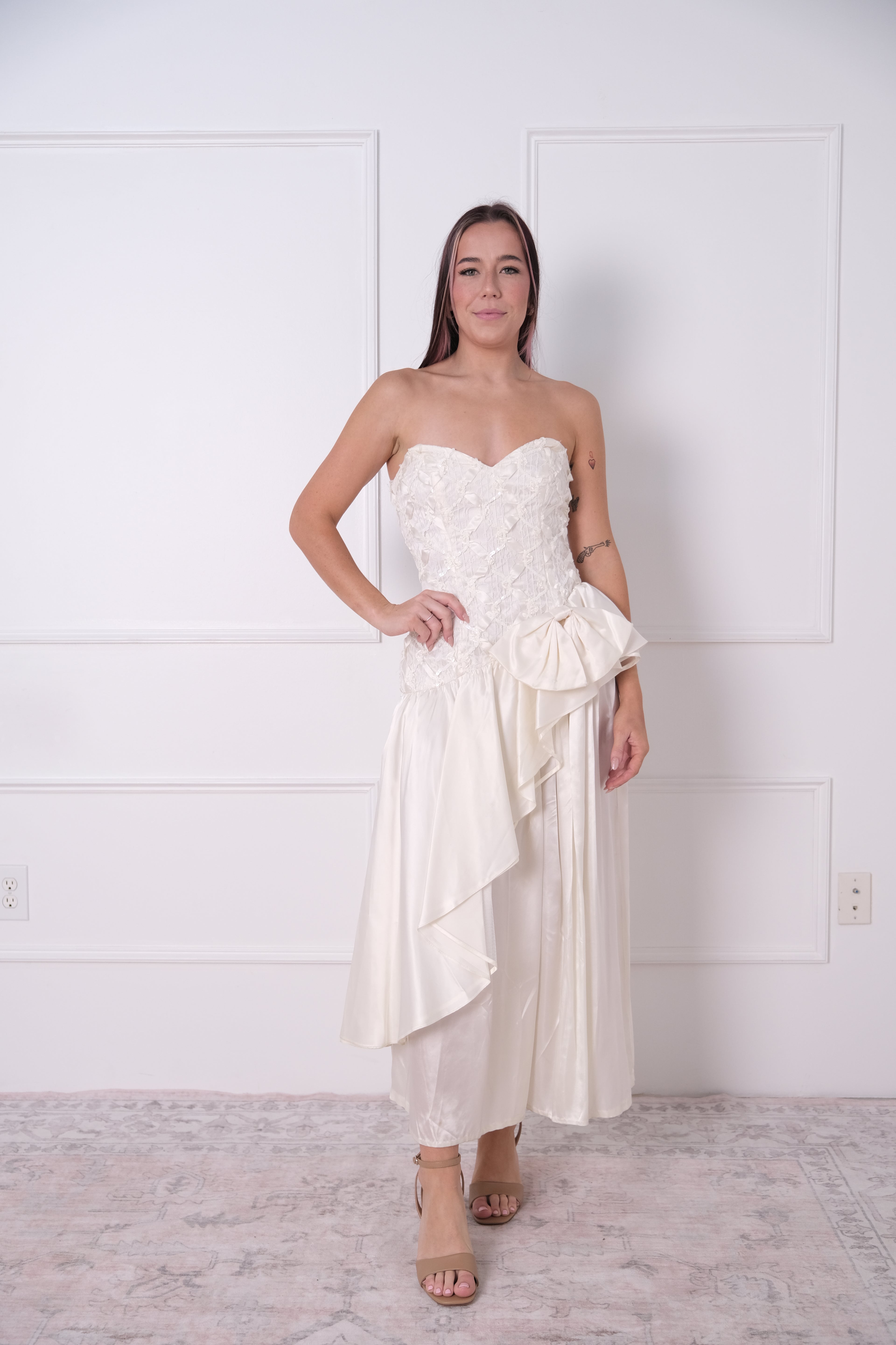 Vintage Ivory Strapless Ruffle Midi
