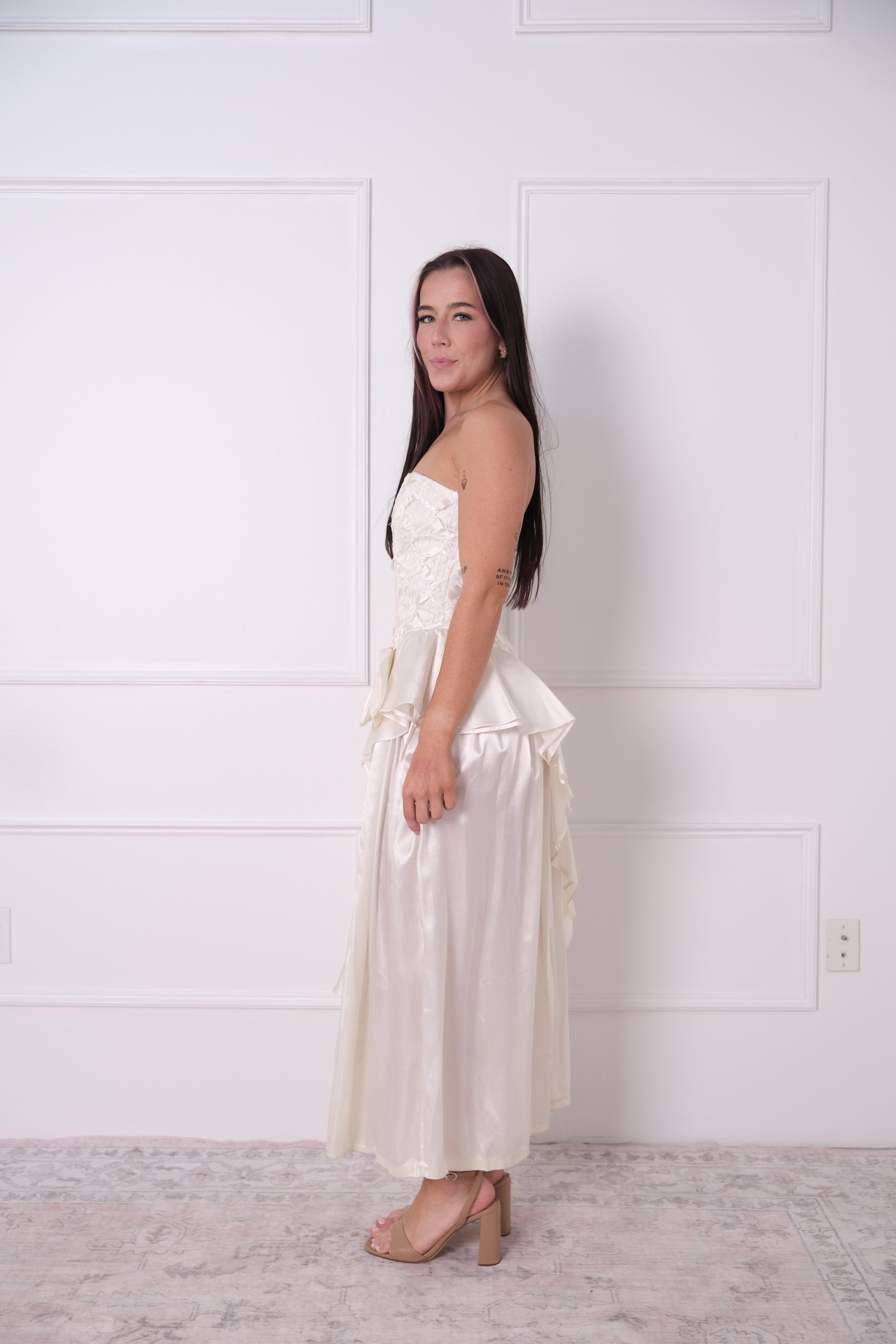 Vintage Ivory Strapless Ruffle Midi