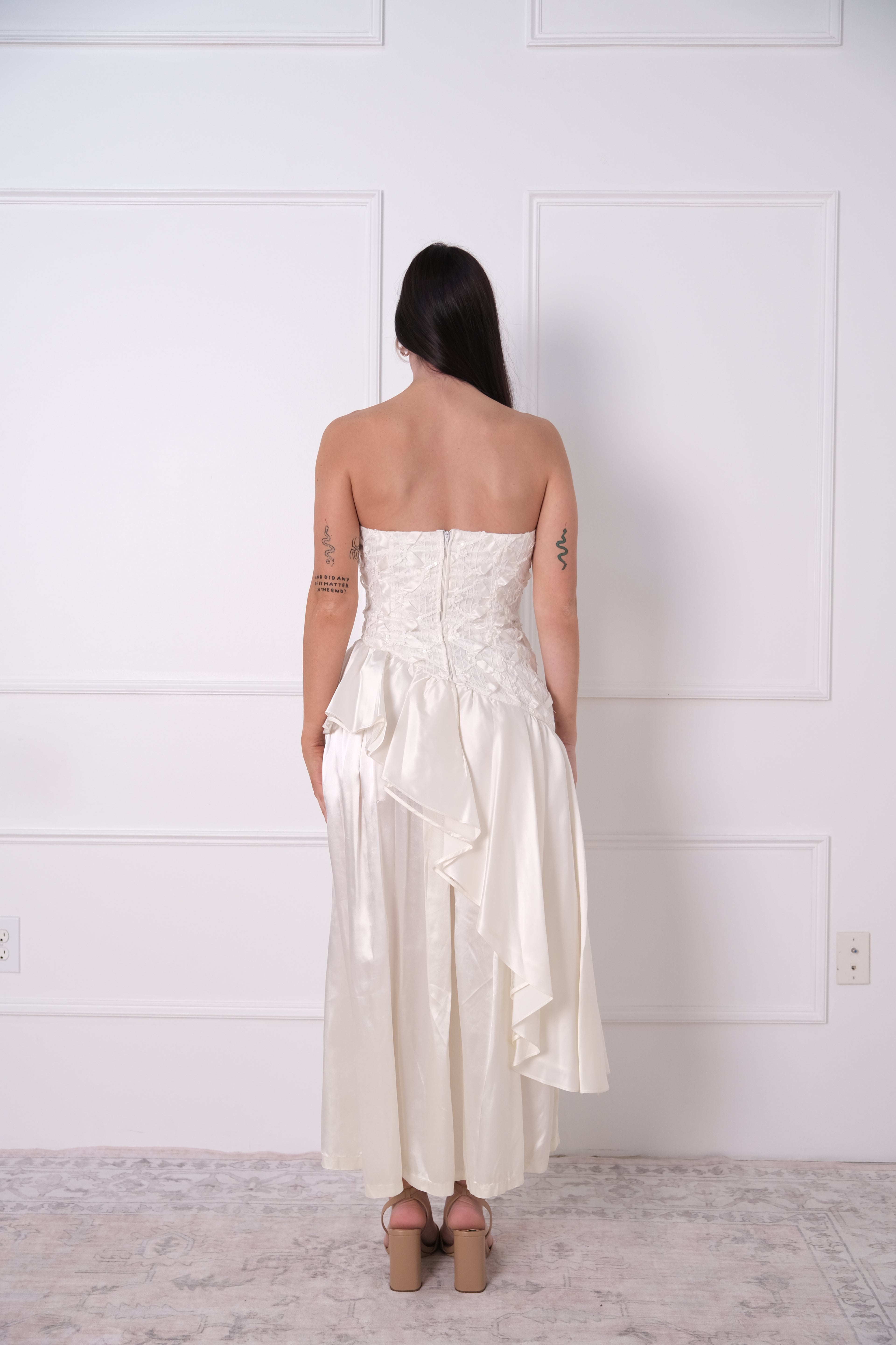 Vintage Ivory Strapless Ruffle Midi