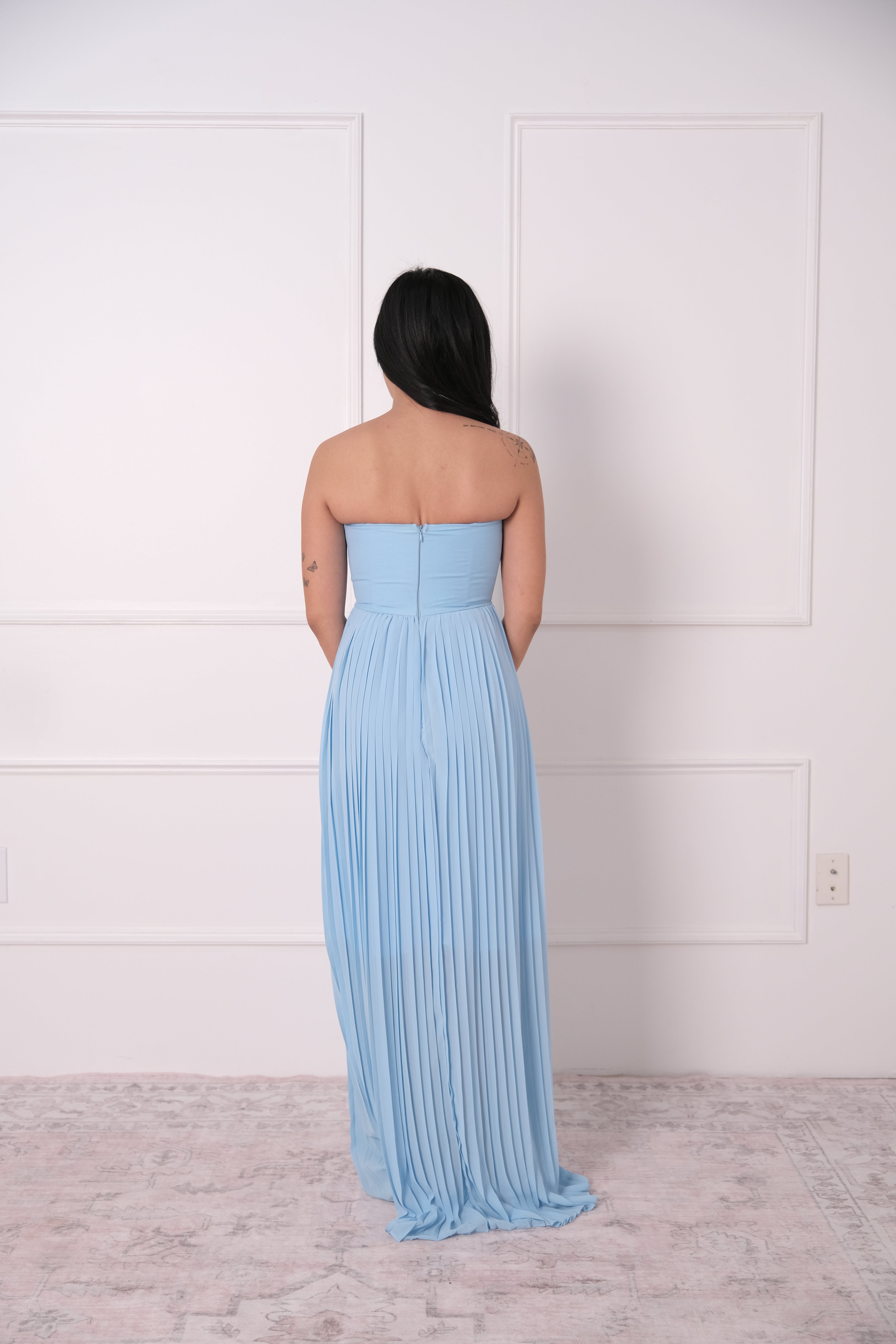 The Blue Pleated Strapless Gown
